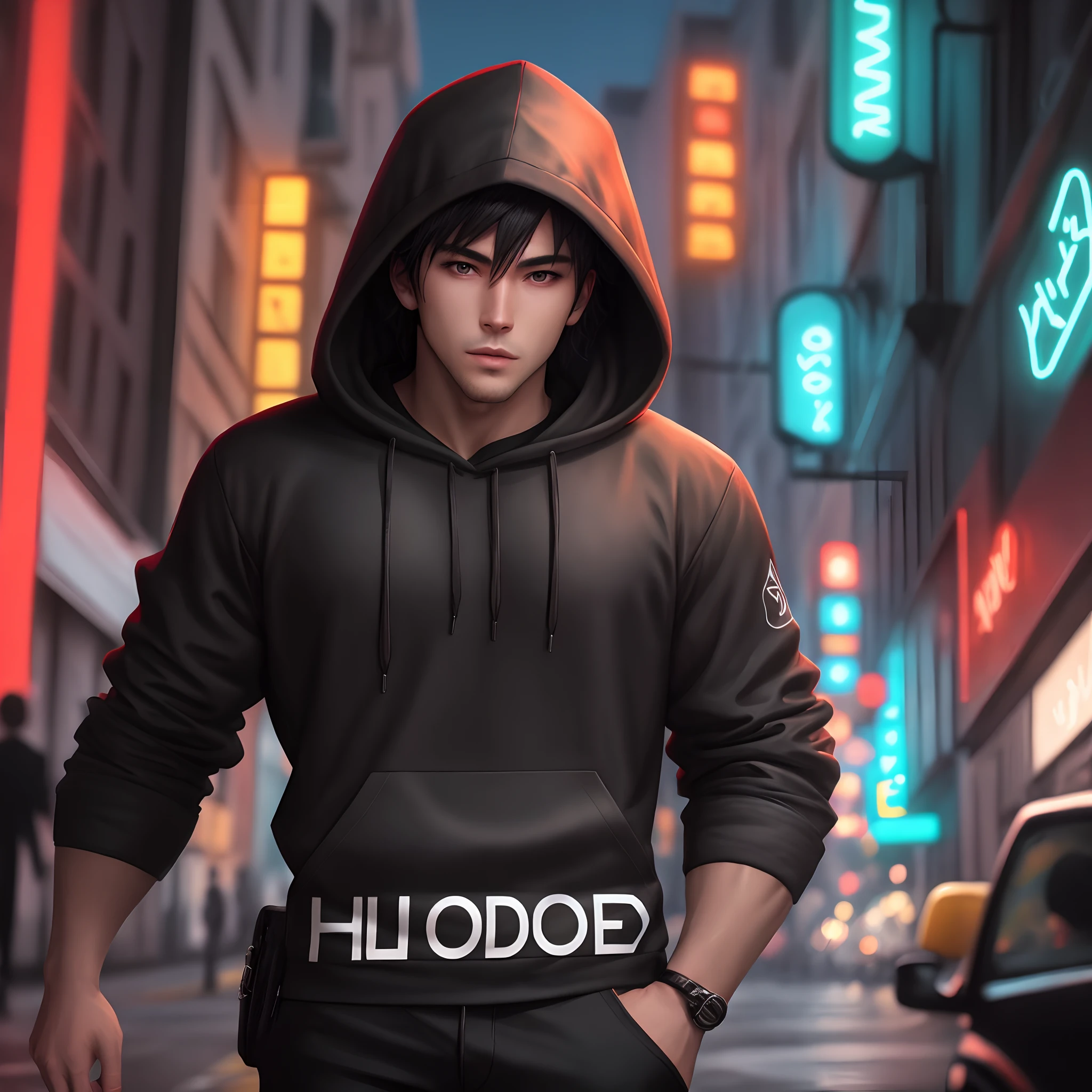 male character, hood, red neon