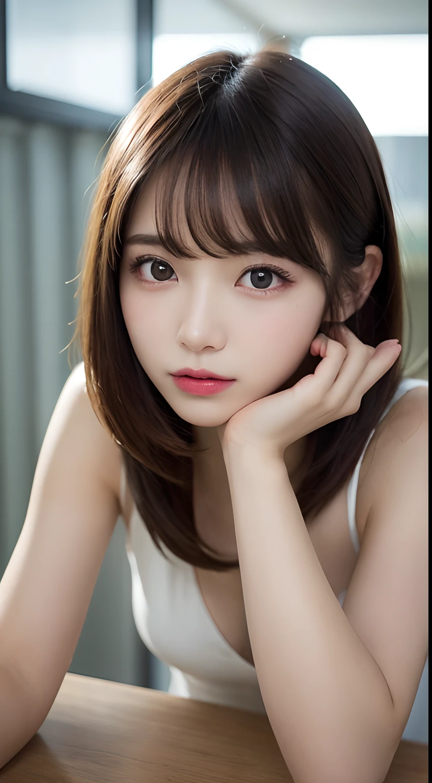 finely detail, hight resolution, hightquality、Perfect dynamic composition, Beautiful detailed eyes, Medium Hair, small tits、Natural Color Lip,Kamimei、Shibuya、20 years girl、1 persons、Transparent skin、Glowing hair、masutepiece, Best Quality, Illustration, Ultra-detailed, finely detail, hight resolution, 8K、The correct state of the human body、Crouch down、pretty pose,dishevled hair,beauty legs,Perfect beautiful face,KPOP Idol Face
