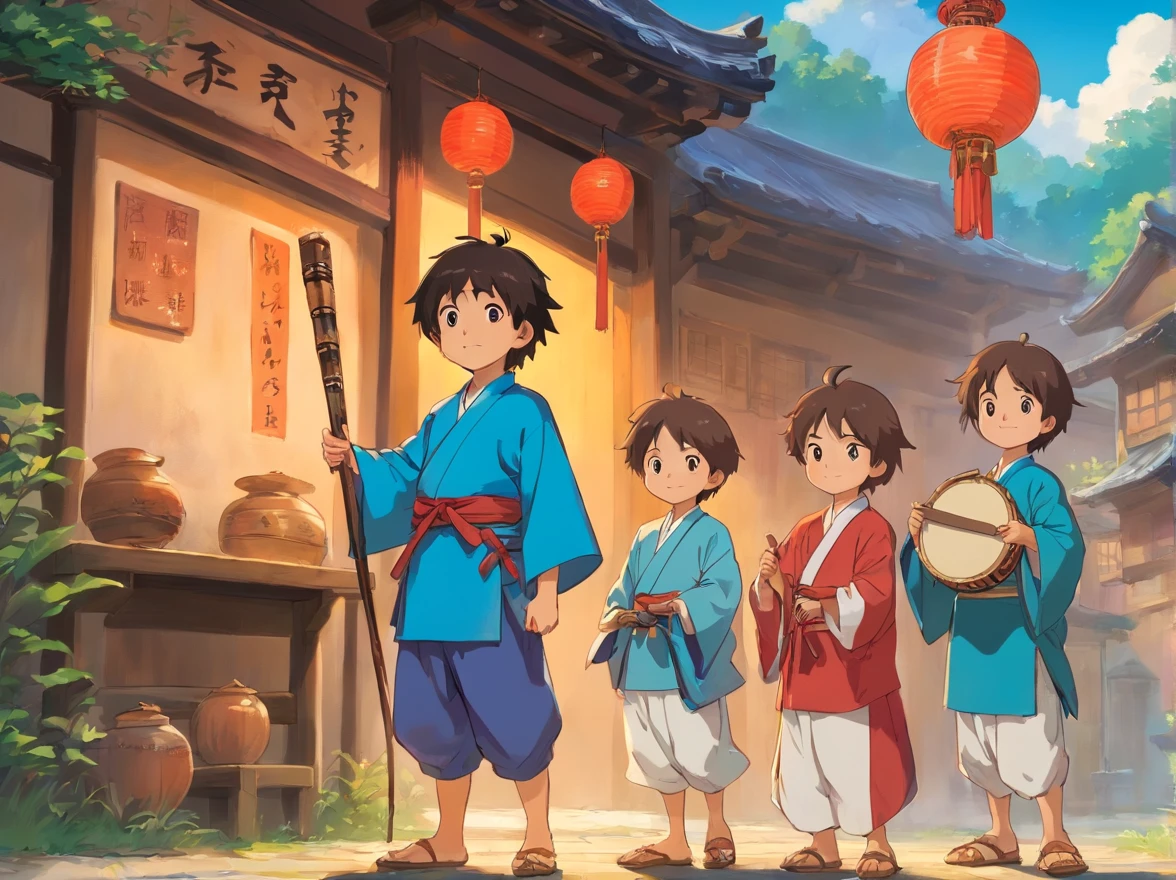 The and his friends wore gorgeous Zhuang costumes,Holding a drumstick,Line up neatly,In the village, ready to start playing。