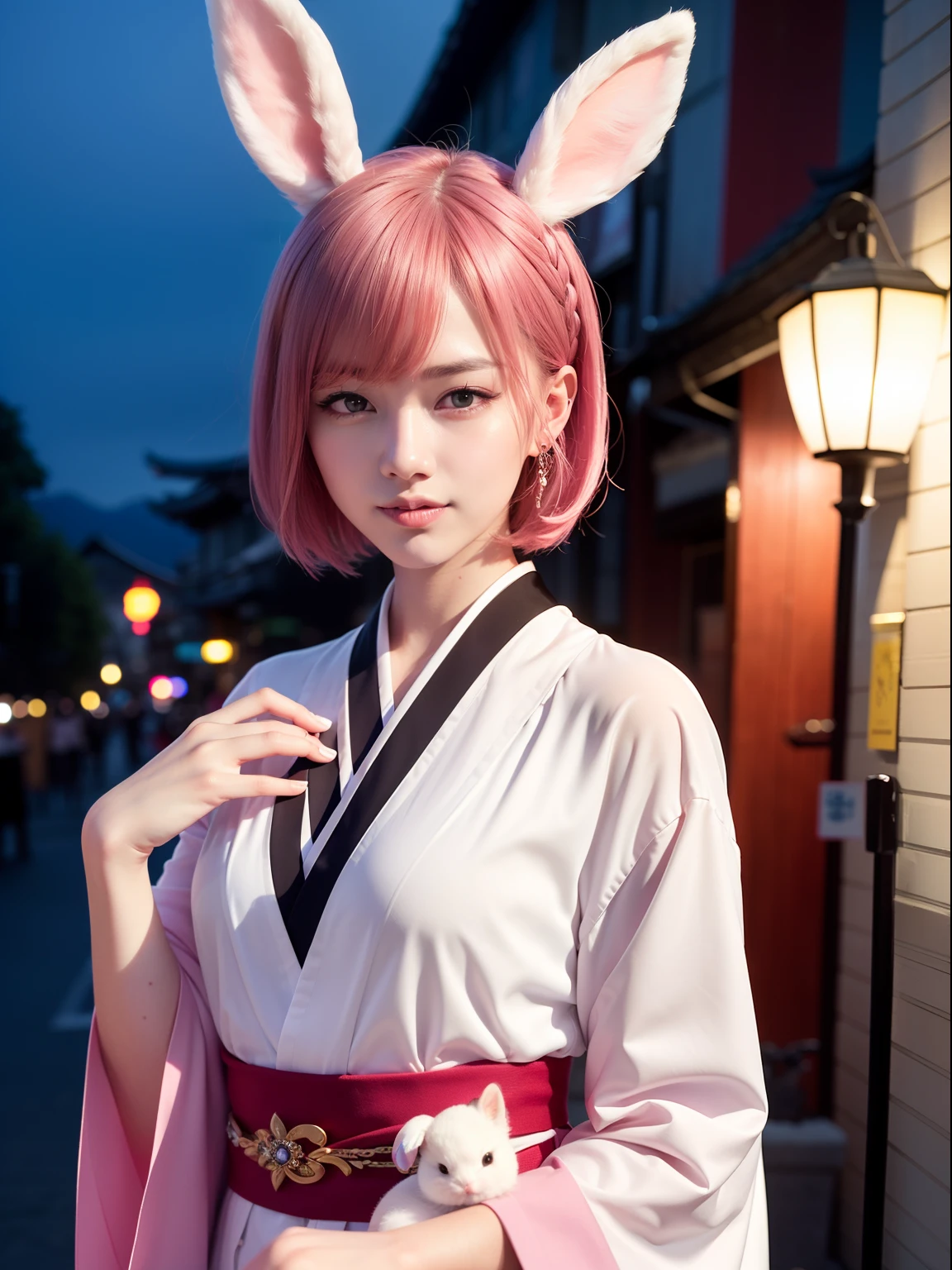 Waiting for the night、Kyoto at night、nighttime scene、Pink short cut hair、traditional Japanese costume、Maiko、White kimono、Pink short cut hair,(8K, top-quality, masterpiece:1.2), (realisitic, Photorealsitic:1.37), ultra-detailliert, 1 girl in, full body Esbian, (Adjusted hair:1.5) 、cute little、独奏、Beautiful detailed sky、(A smile:1.15)、(Mouth closed)、tiny chest、Eyes in Beautiful Details、(short-hair:1.2)、Floating Hair NovaFrogStyle、masuter piece、Pink Shortcut Bob、Realistic rabbit ears、Pink realistic rabbit ears、Realistic ears of rabbits sticking out of the head、Pink hair、Beautiful girl in her 20s、Bewitching atmosphere、Beautiful shaped hands、K-POP、Pink rabbit ears、1 girl in、独奏、masterpiece、top-quality、realisitic、Hyper-detailing、(Glossy skin:1.4)、absurderes、short pink hair、Slender beauties、动态照明、hight resolution、foco nítido、depth of fields、(thick thight:1.0)、A slender :1.2,((Short-cut bob hair))、((k pop:1.3)),Highly detailed facial and skin texture、((魅惑的)),Anatomically correct number of fingers,Correct anatomy
