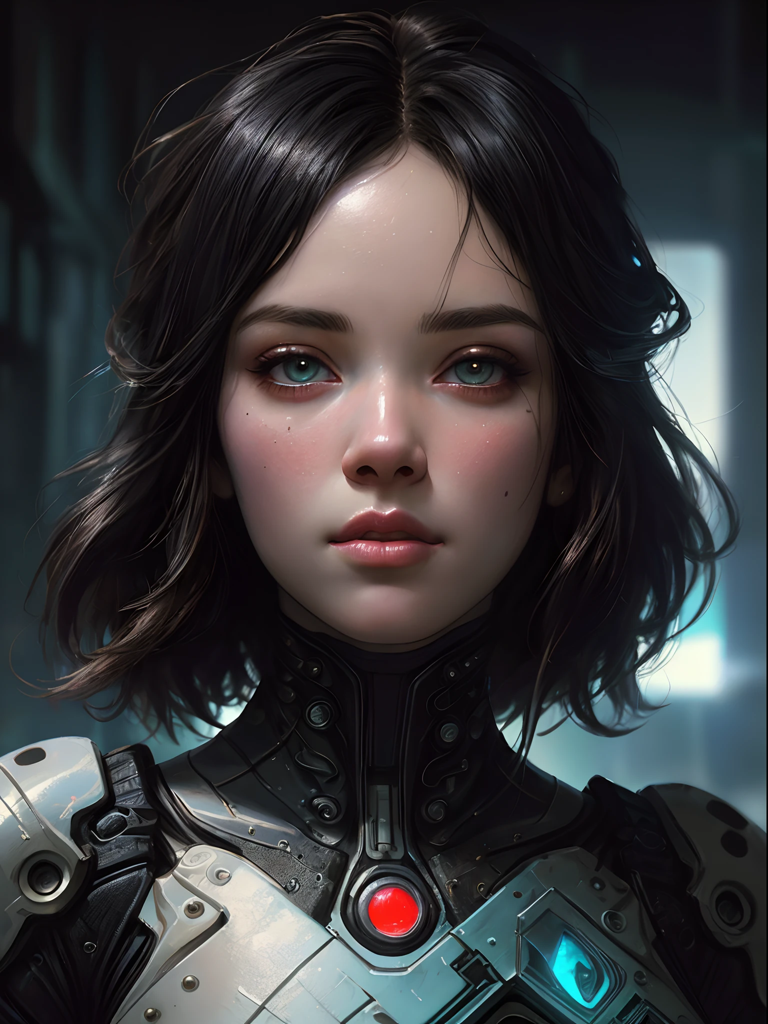 Stunning photorealistic portrait oil painting of 1 beautiful cyberpunk girl, white skin, black shapeless cyberpunk hair, baroque intricate cyber armor, solo, hyperdetailed painting, luminism, Bar lighting, complex, white eyebrows, 4k resolution concept art portrait by Greg Rutkowski, Artgerm, WLOP, Alphonse Mucha, realistic fantasy, fractal isometrics details bioluminescence, beautiful awesome, intricately detailed, cinematic, trending on artstation | Isometric | Centered hypereallistic cover photo awesome full color, dark, gritty, realistic, Alphonse Mucha, Gustav Klimt