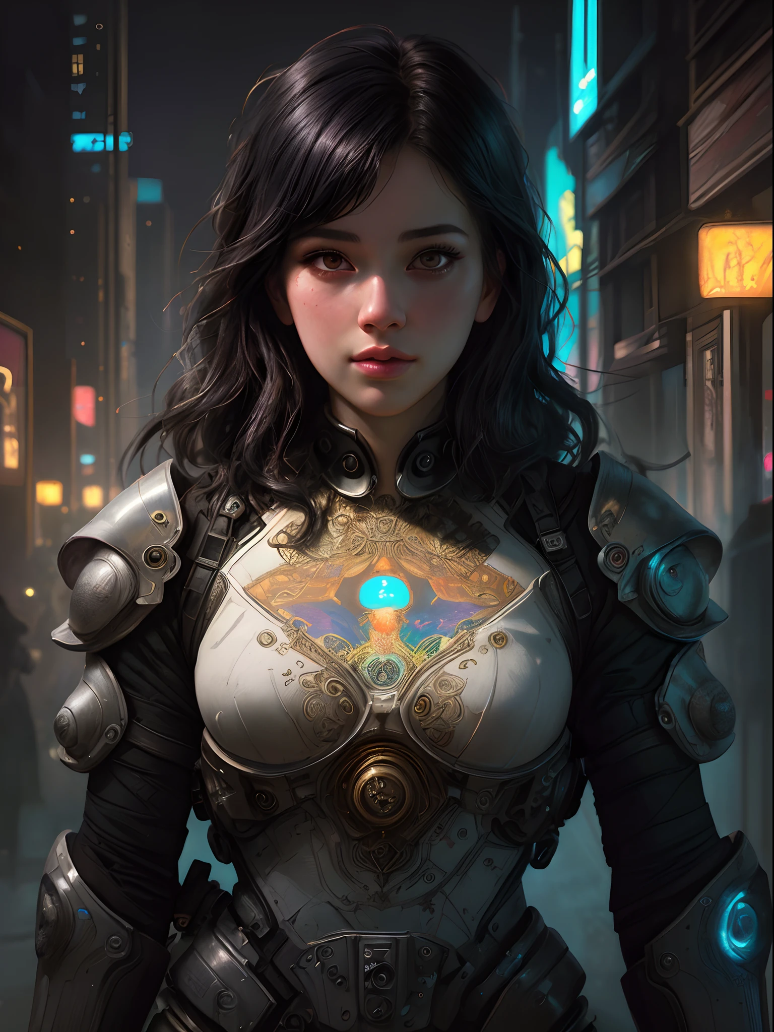 Stunning photorealistic portrait oil painting of 1 beautiful cyberpunk girl, white skin, black shapeless cyberpunk hair, baroque intricate cyber armor, solo, hyperdetailed painting, luminism, Bar lighting, complex, white eyebrows, 4k resolution concept art portrait by Greg Rutkowski, Artgerm, WLOP, Alphonse Mucha, realistic fantasy, fractal isometrics details bioluminescence, beautiful awesome, intricately detailed, cinematic, trending on artstation | Isometric | Centered hypereallistic cover photo awesome full color, dark, gritty, realistic, Alphonse Mucha, Gustav Klimt