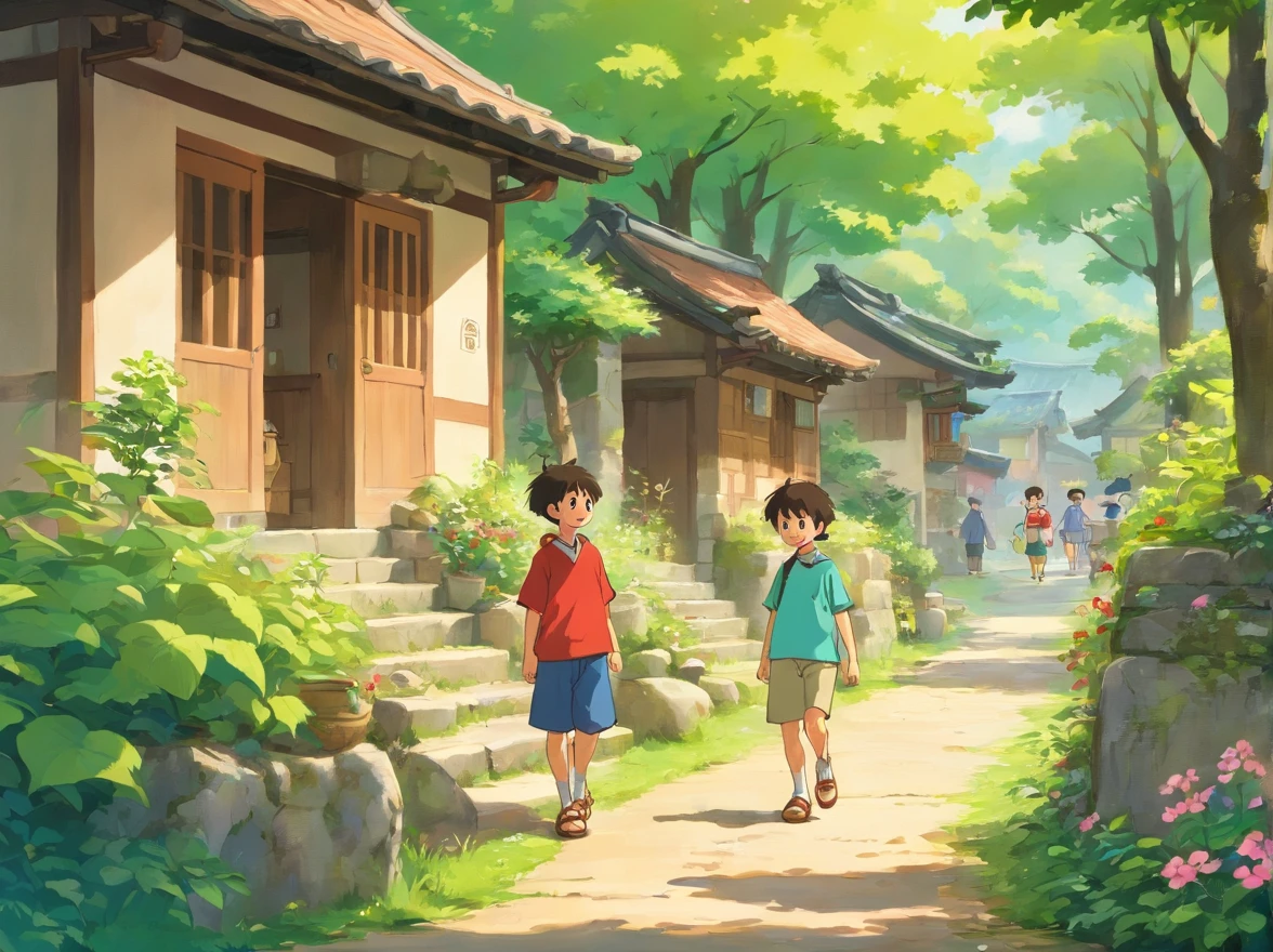A small village of the Zhuang people，It is surrounded by woods。The people in the village are simple，But happiness。
（A little boy, Aaron, appears in the picture，He looked at the cheerful atmosphere in the village）