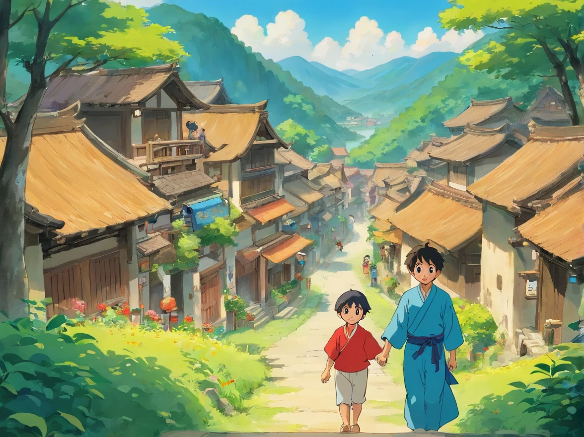 A small village of the Zhuang people,It is surrounded by woods。The people in the village are simple,But happiness。
(A little boy, Aaron, appears in the picture,He looked at the cheerful atmosphere in the village)