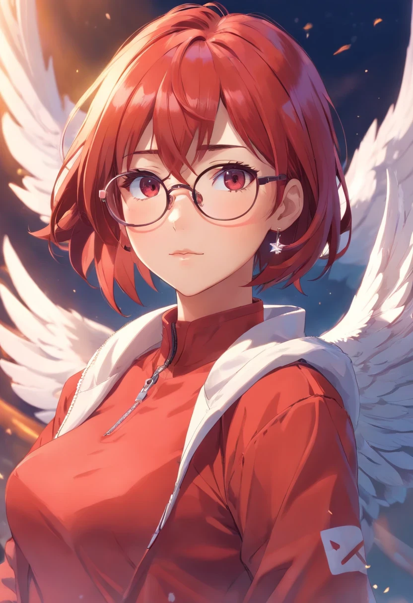 Red hair, poppy-red clothes, glasses, stud earrings, vintage, feminine, 8k, masterpiece, best quality, excellent detail) , (high saturation, best shadows, best light, extremely delicate bleaching) dark style, Cybelle, Swan girl, valkyrie, air elemental, winged girl, large white wings, athletic, fit, fitness model, athletic, athlete, athletic fashion model, tall, strong, great abs kind expression