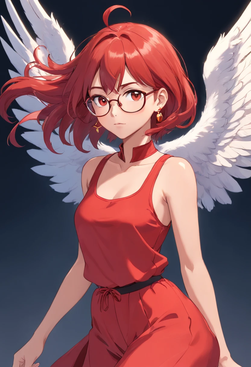 Red hair, poppy-red clothes, glasses, stud earrings, vintage, feminine, 8k, masterpiece, best quality, excellent detail) , (high saturation, best shadows, best light, extremely delicate bleaching) dark style, Cybelle, Swan girl, valkyrie, air elemental, winged girl, large white wings, athletic, fit, fitness model, athletic, athlete, athletic fashion model, tall, strong, great abs kind expression