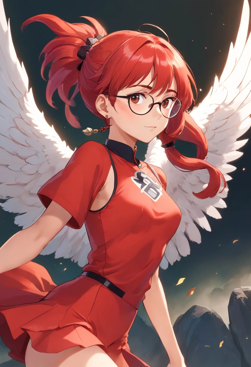 Red hair, poppy-red clothes, glasses, stud earrings, vintage, feminine, 8k, masterpiece, best quality, excellent detail) , (high saturation, best shadows, best light, extremely delicate bleaching) dark style, Cybelle, Swan girl, valkyrie, air elemental, winged girl, large white wings, athletic, fit, fitness model, athletic, athlete, athletic fashion model, tall, strong, great abs kind expression