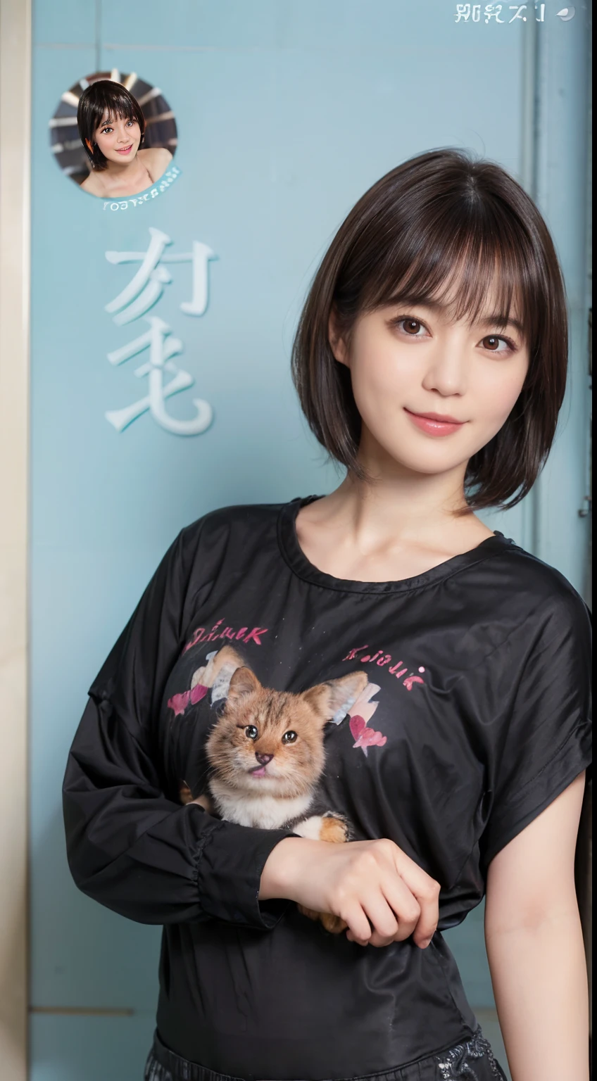 59
(a 20 yo woman,is standing), (A hyper-realistic), (Masterpiece), ((A dark-haired、short-hair:1.3)), (breast), kindly smile, (Clothing printed with animal characters)