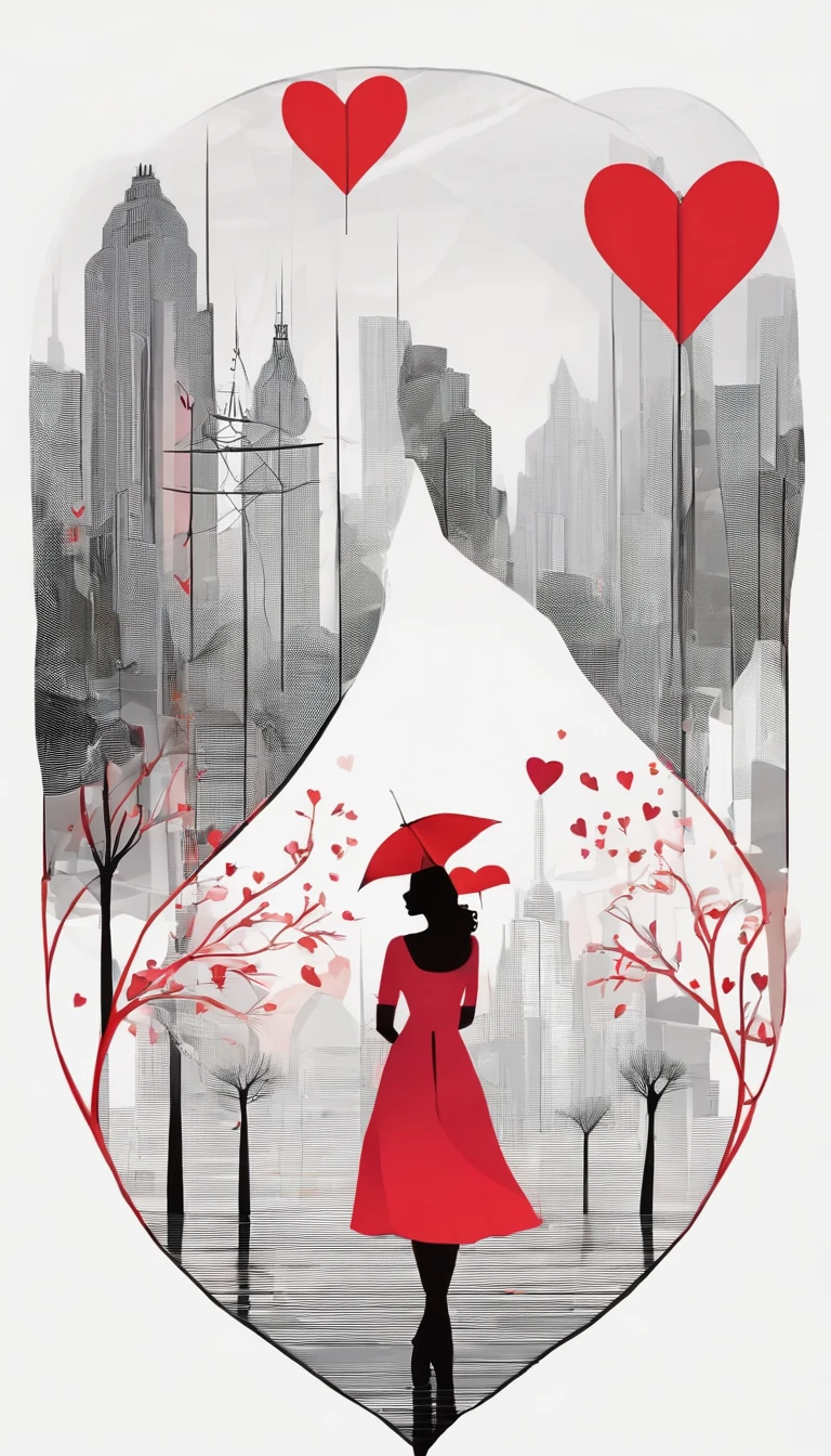 Design a simple Valentine's Day design with the word love, Fondo transparente, Elemento de amor,Composition in the shape of a love heart,A boy and a girl intertwined in one,Ropa de moda moderna,Simple ciudad cyberpunk como fondo,