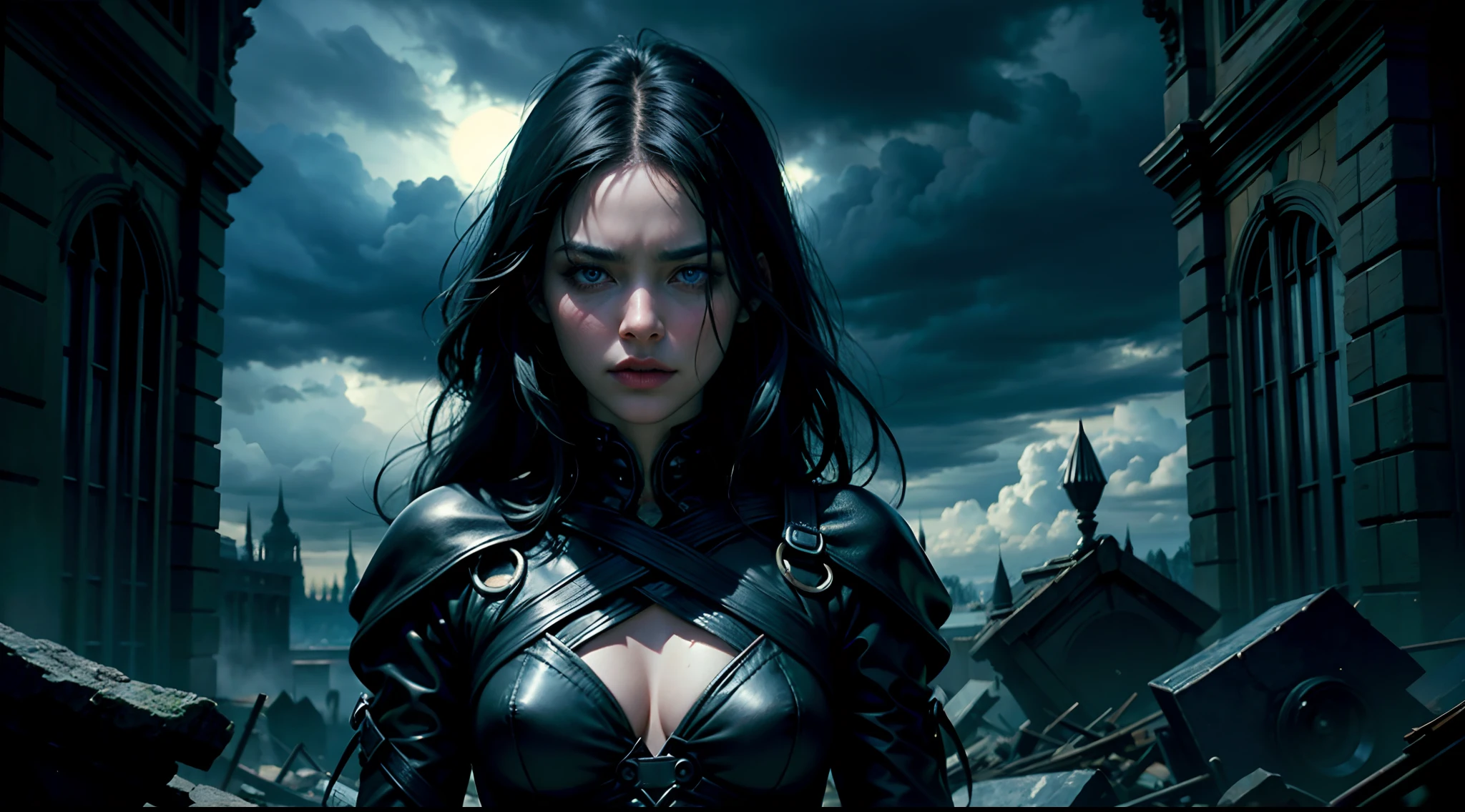 woman, black hair, blue eyes, fair skin, dark, mysterious, serious, dark silk, black dress, background is dark storm clouds, mood is apprehensive, frustrating, ambiguous, inscrutable, eerie night time light, character design.