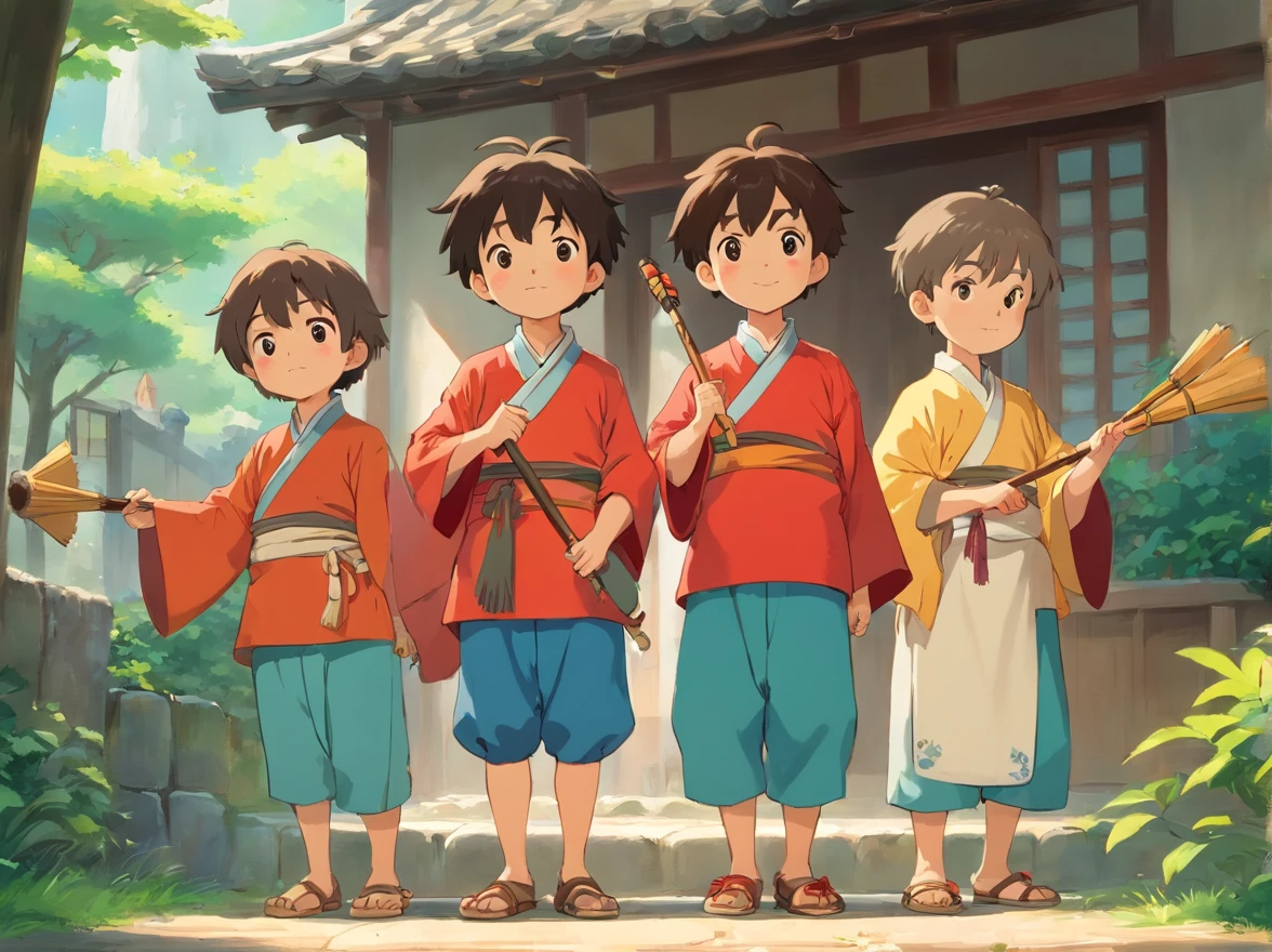 The little boy and his friends wore gorgeous Zhuang costumes，Holding a drumstick，Line up neatly，In the village, ready to start playing。