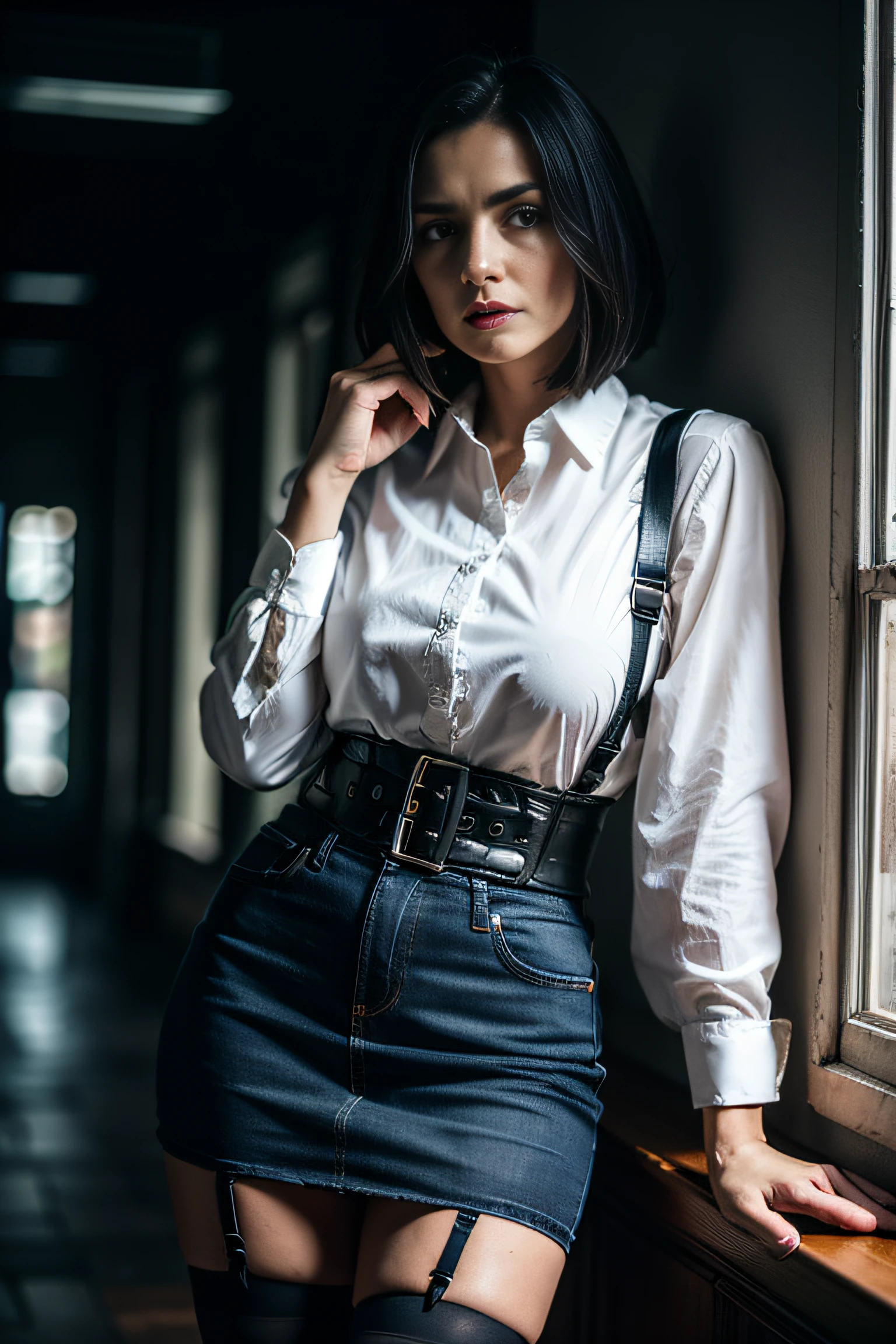 (Best Quality,hight resolution:1.2),The woman,Expressive wrinkles,Bob haircut,jeans skirt,blouse,(dark lace stockings with garters), highheels,Detailed eyes and face,expression of despair,Dark and moody lighting,ominous vibe,desperation,trap, (Imminent Doom:1.2), Psychological thriller,