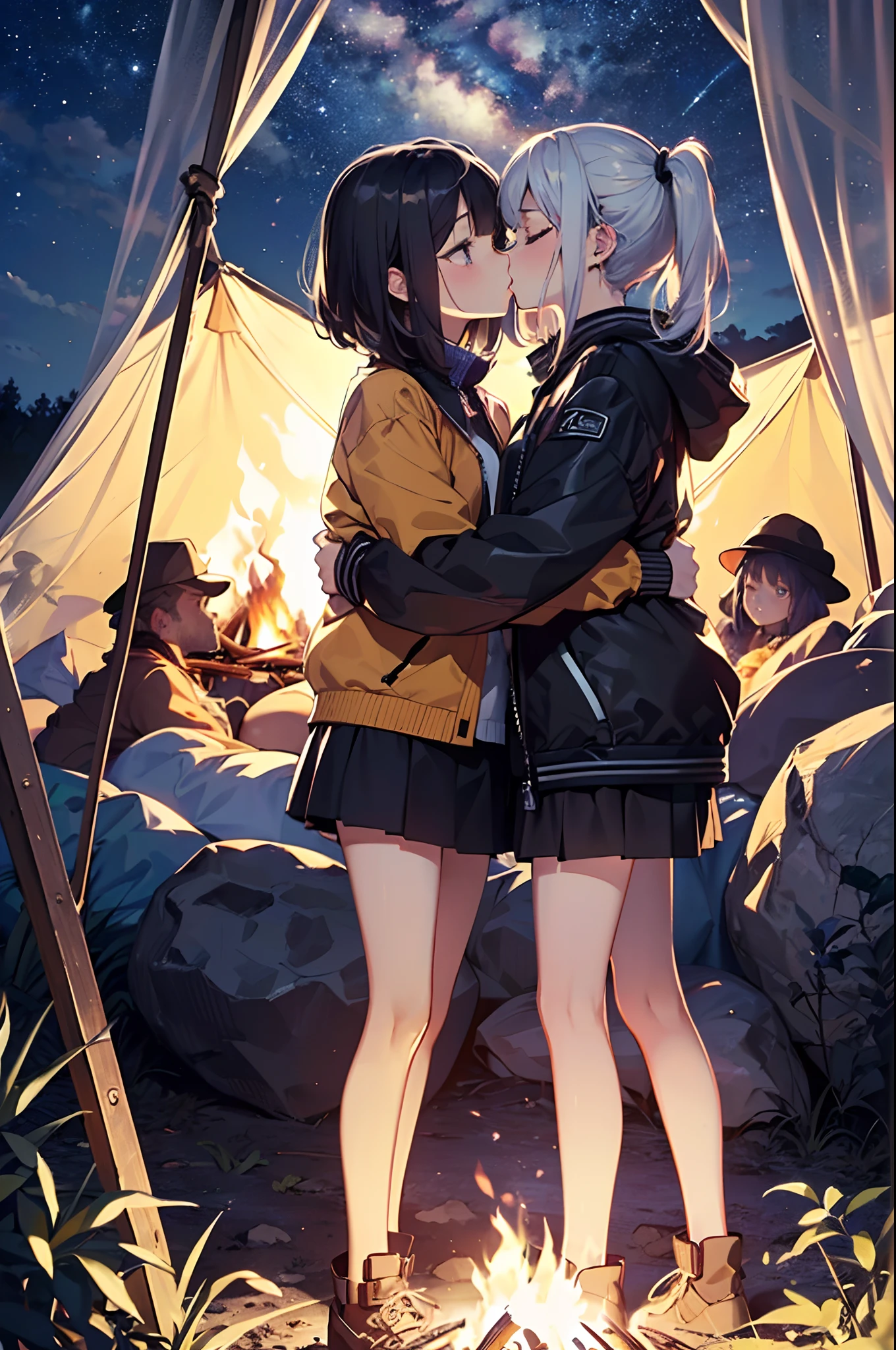 Two anime girls got tired after long day. They just want to relax and enjoy themselves. They are kissing sitting near campfire fully naked. They are masturbating each other. They have grey and brown hair. It is night time but it is not very cold. Girls have some injures and scars on their bodies. Injures are covered with bandages but still leaking blood. It is apocalyptic destroyed city on background no life life or lights in it. Camera has dynamic angle. Nude bodies. And girls are close to camera. The have blush on their faces but also they are crying from happines.4k, 8k , high detailed.
