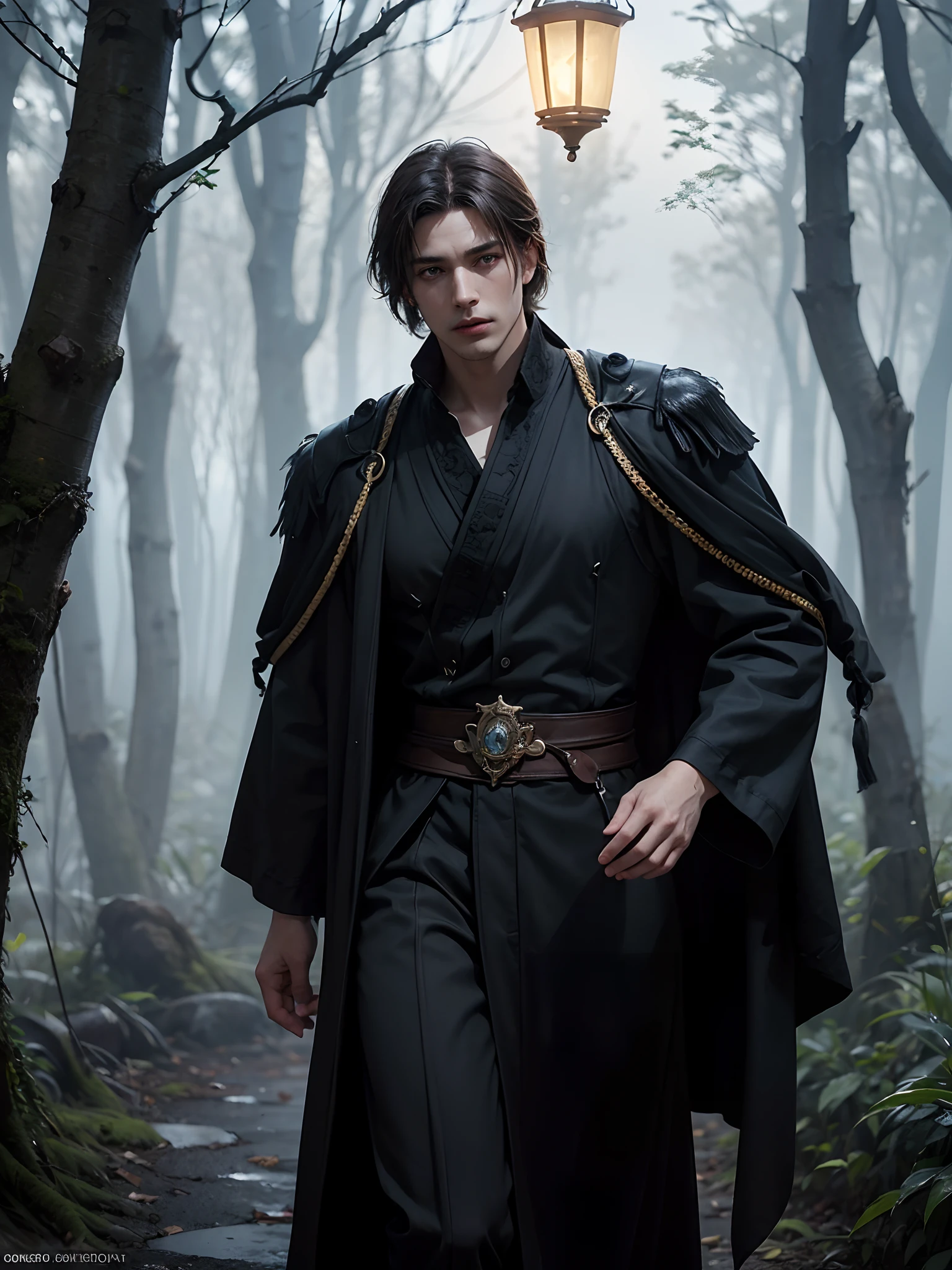 (More than half body) (slightly smirk), 1man, God of Frost, king, solo focus, adult, pale and young adult face, short black hair, black silk robe with golden lining, strolling in frost forest in mist with lantern, realistic, dynamic pose realistic, detailed and correct facial structure, blades ornaments, LEON S. KENNEDY, handsome, attractive, slightly muscular, cinematic lighting, unreal engine, trending on ArtStation, intricate details, masterpiece, best quality, by Irakli Nadar, Greg Rutkowski,(((best quality))),(((ultra detailed))),(((masterpiece)))