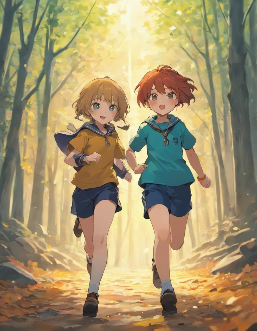 Costume planning theme autumn and winter return to dust , a boy and a girl in the camp land , wearing a scout shirt, running happily . There is 1 hut