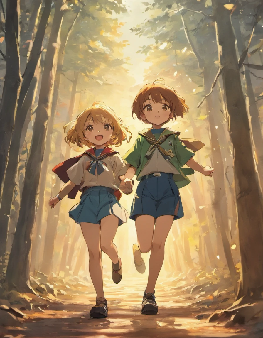 Costume planning theme autumn and winter return to dust , a boy and a girl in the camp land , wearing a scout shirt, running happily . There is 1 hut