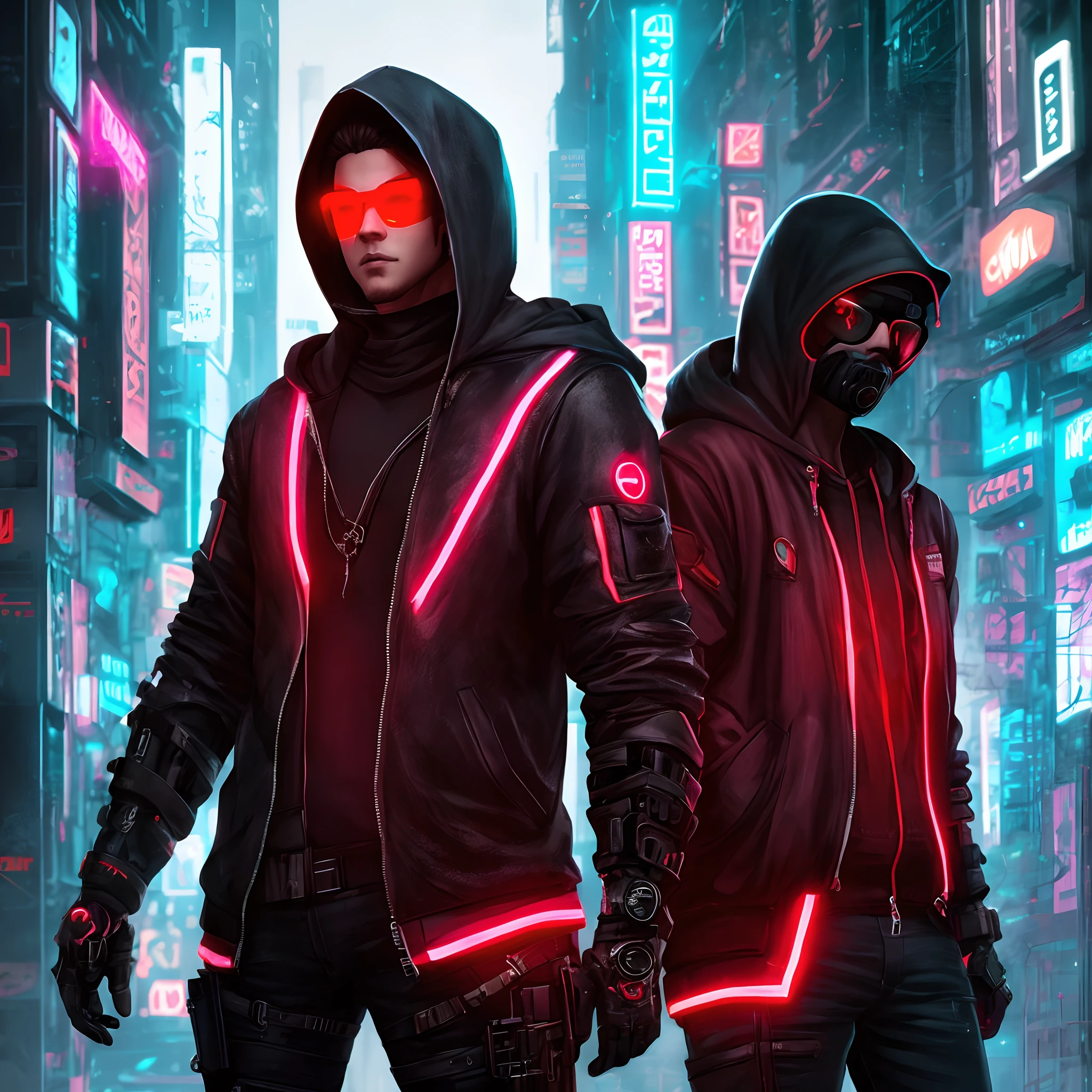 male character, hood, red neon, cyberpunk