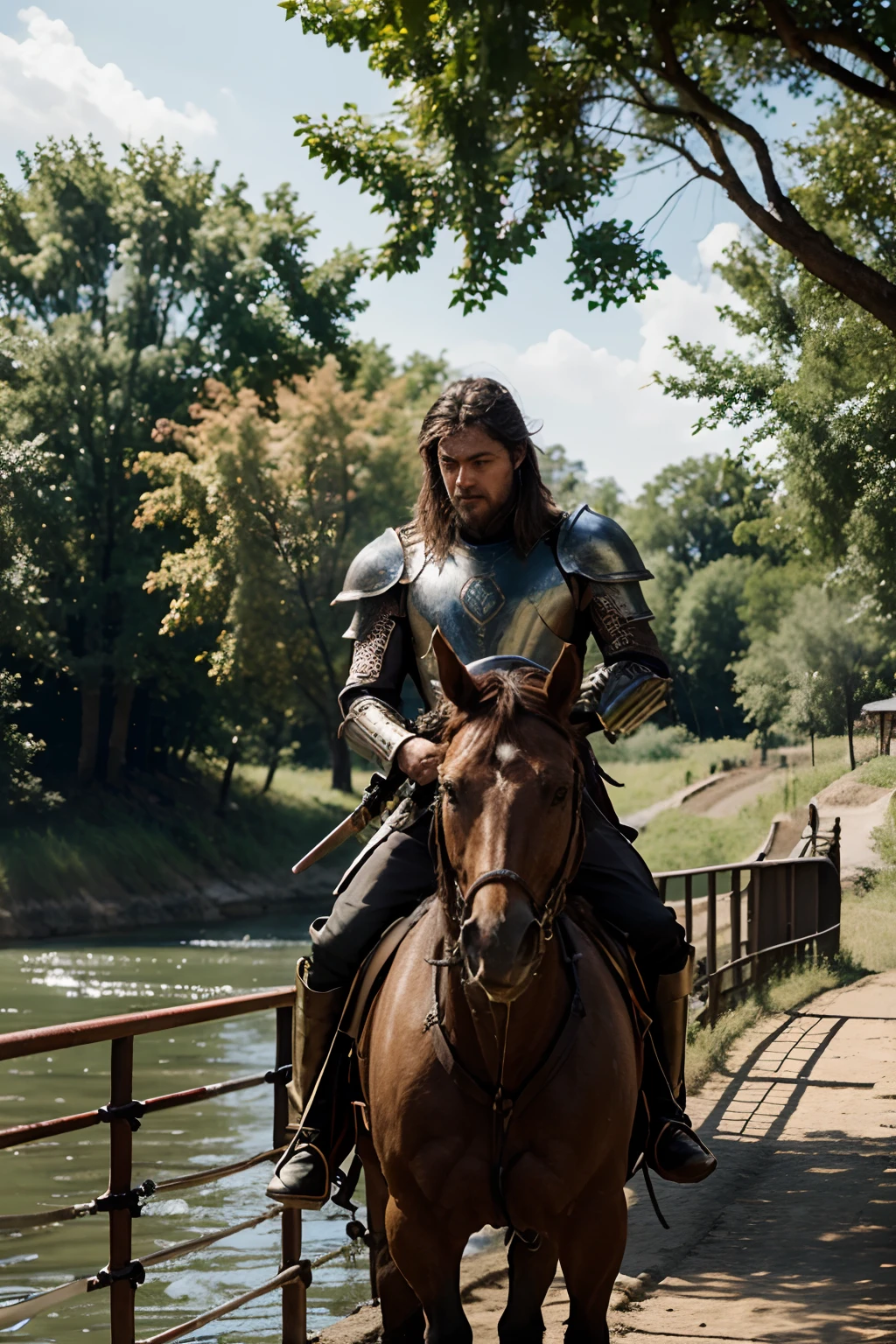 A hero on his war horse stands on the Kalinovo Bridge, which is thrown over the fiery river Currant. His armor glistens in the sun, And he holds his sword in his hand, Ready for Battle. A twelve-headed dragon can be seen in the distance, which looks very dangerous. Bogatyr prepares to attack, And his horse is ready for battle too. Trees and shrubs can be seen around the bridge, And birds are soaring in the sky.