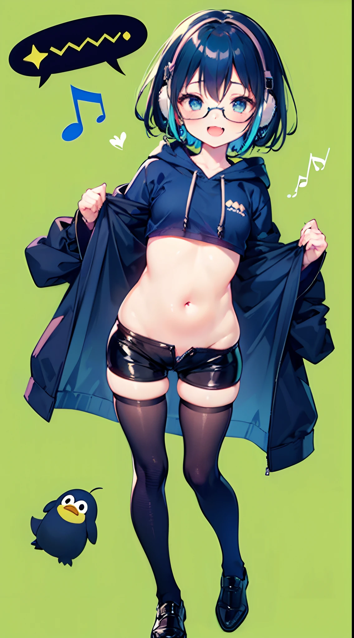 ((1girl)),(((full body))),(solo),(standing),((green background,simple background)),open mouth slightly,two-tone hair,(((dark blue hair:1.2))),blue hair,streaked hair,blonde streaked hair,short hair, (((flat breasts))),little child,(((kawaii))),,120 cm tall,6 years oldposed)),(dark skin:0.6), plump thighs, tareme, glasses, ((light smile)), fang, ((black leather short pants)),dark thigh high socks, musical note earrings,(ware over a long front-opening hoodie,ware over a penguin hoodie, take off the hood, baggy hoodie),baggy headphone,(blue t-shirt), ((((masterpiece)))), high quality, very_high_resolution, ulutra detailed, large_filesize, full color, anatomically correct