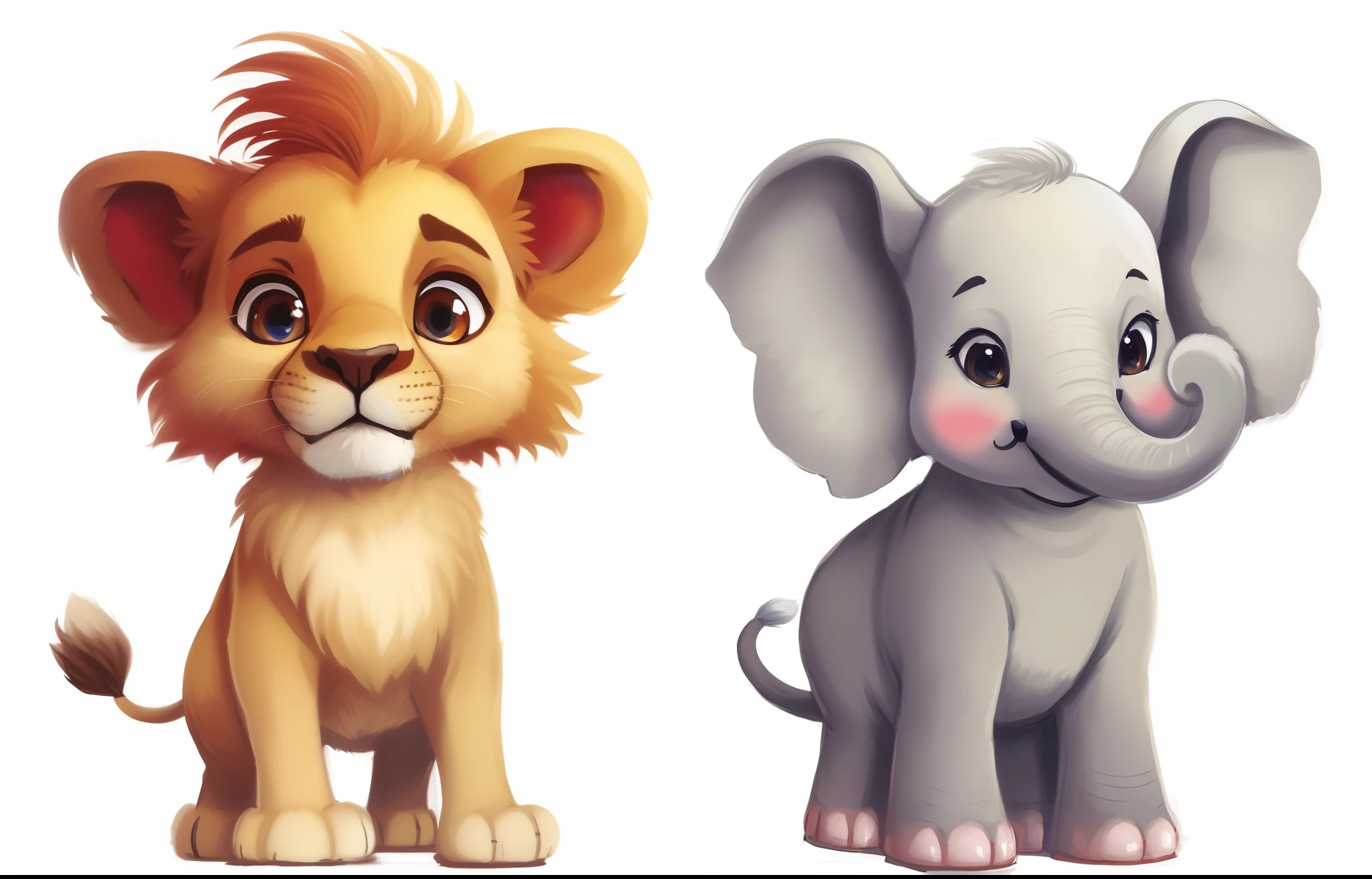 Realistic, high-quality art of a lion and elephant cub and rough brushstroke
