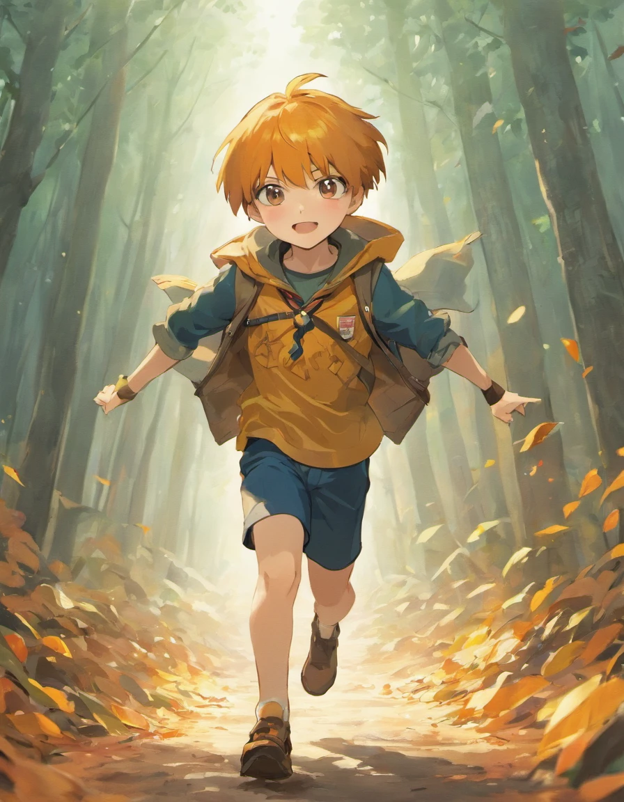 Costume planning theme autumn and winter return to dust , a boy  in the camp land , wearing a scout shirt, running happily . There is 1 hut