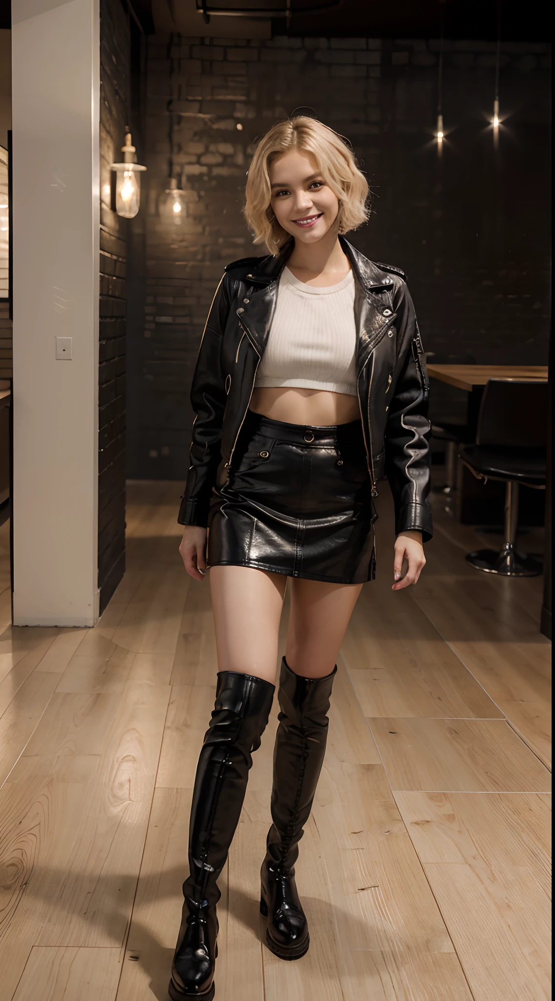 Best Quality, 8K, 32K, master piece ,ultra detailed,short bob Hair , hair color is blonde,Wave hair , 27 year old , black leather jacket,black leather miniskirt,glossy black long boots,Smiling,indoor,