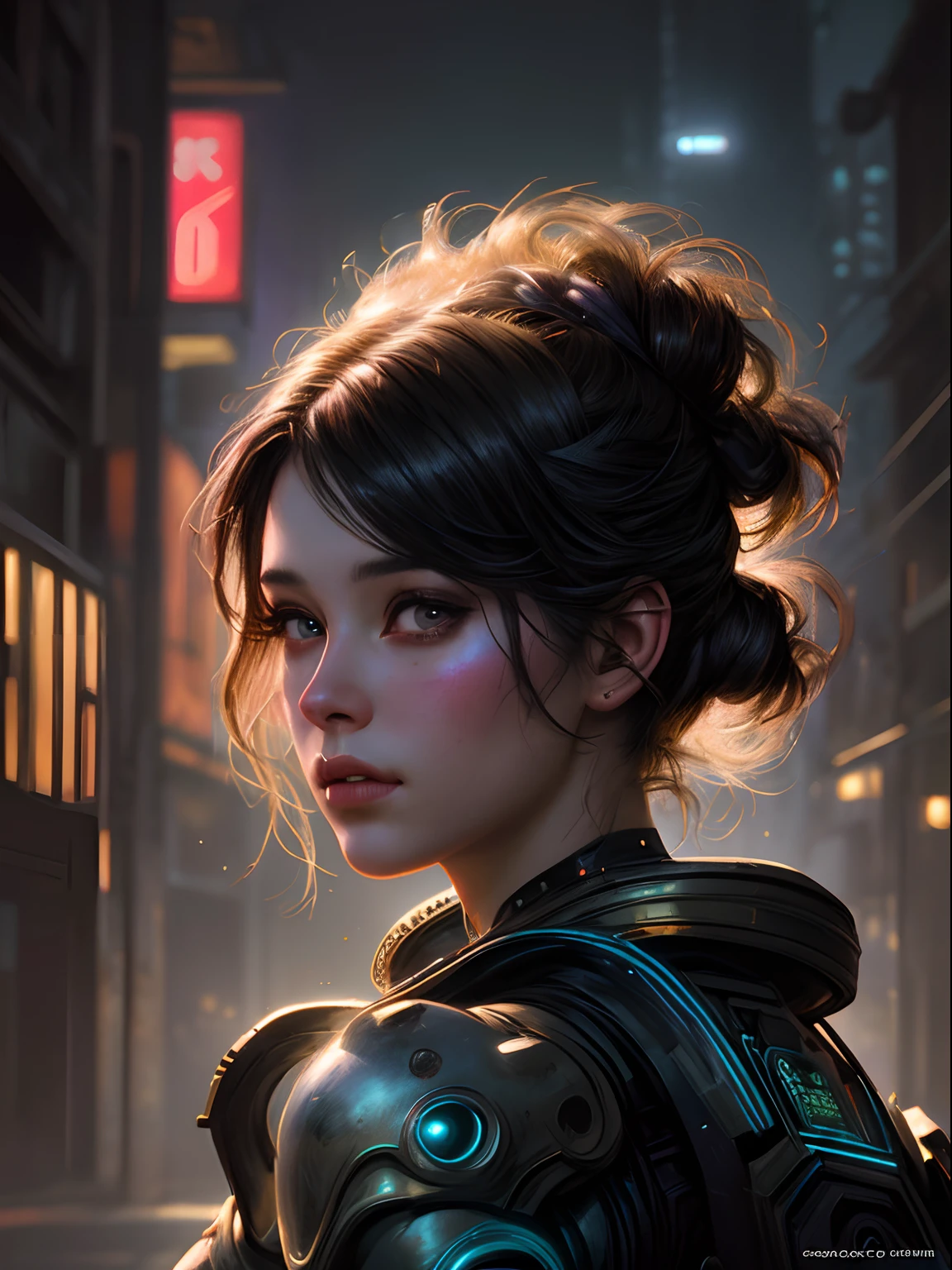 Stunning photorealistic portrait oil painting of 1 beautiful cyberpunk girl, white skin, black shapeless cyberpunk hair, baroque intricate cyber armor, solo, hyperdetailed painting, luminism, Bar lighting, complex, white eyebrows, 4k resolution concept art portrait by Greg Rutkowski, Artgerm, WLOP, Alphonse Mucha, realistic fantasy, fractal isometrics details bioluminescence, beautiful awesome, intricately detailed, cinematic, trending on artstation | Isometric | Centered hypereallistic cover photo awesome full color, dark, gritty, realistic, Alphonse Mucha, Gustav Klimt