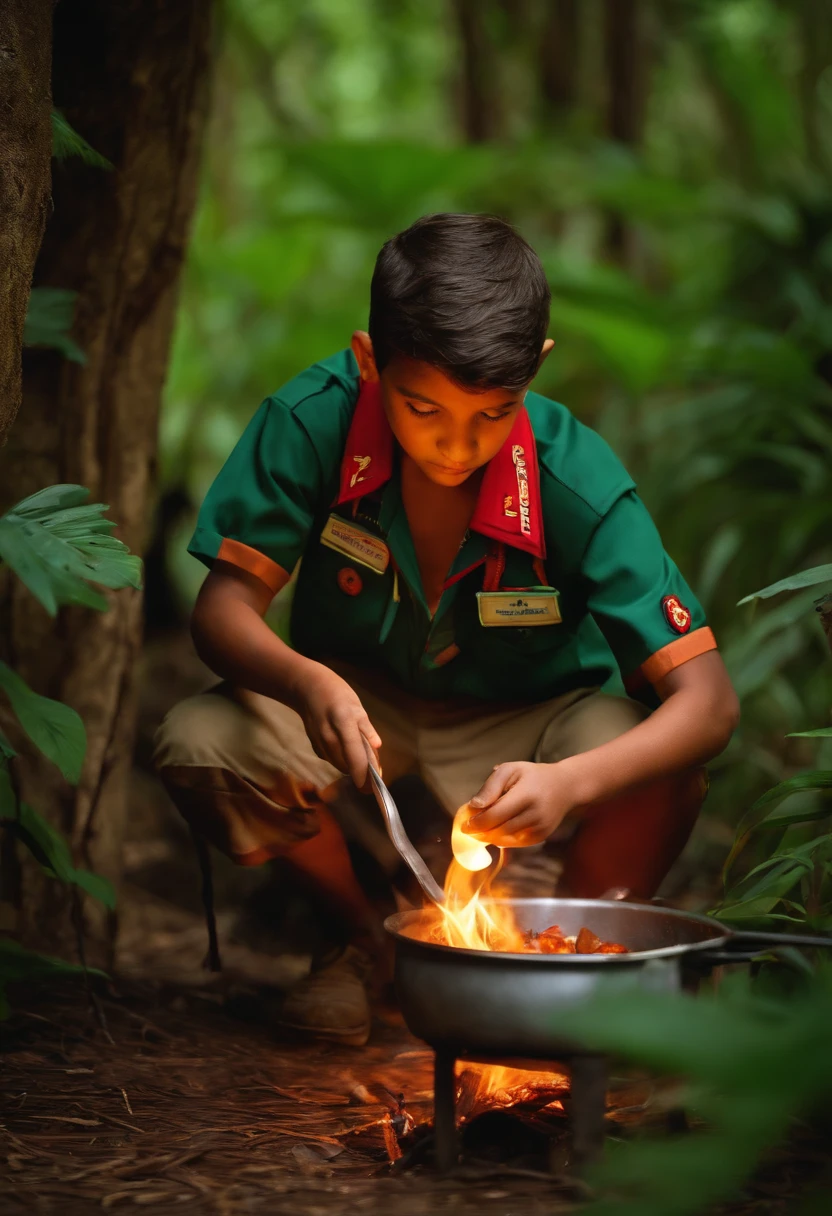 a scout is cooking on the campfire in the jungle