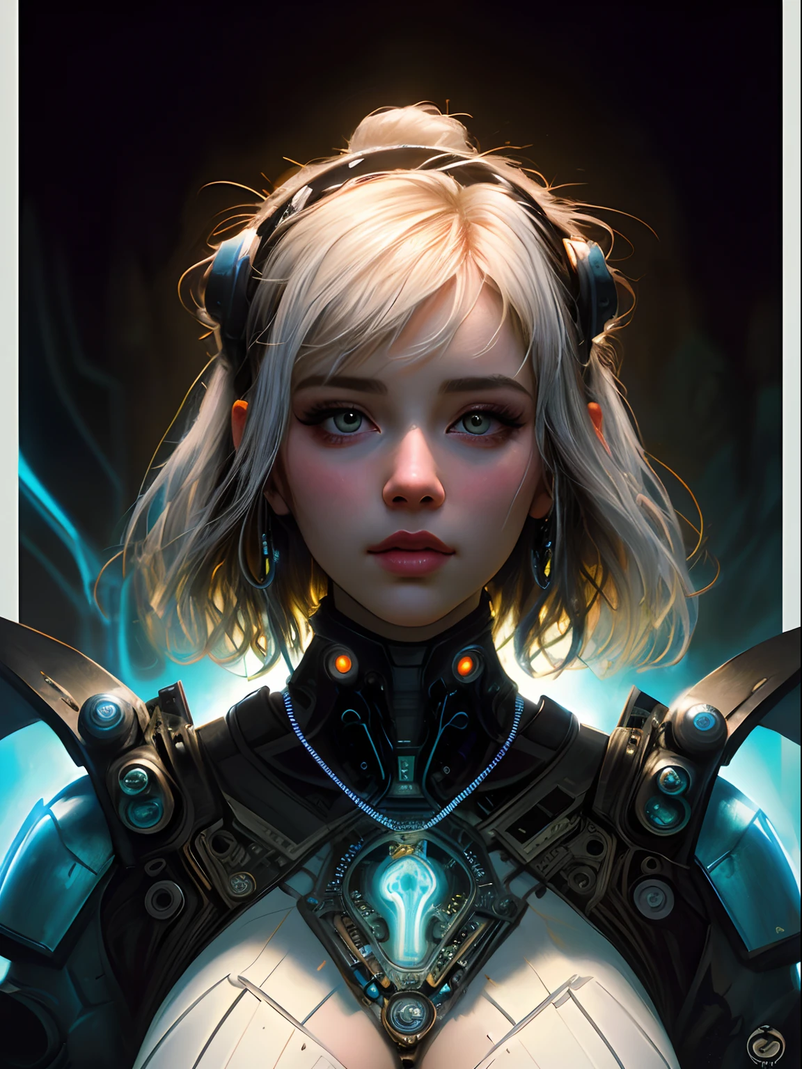 Stunning photorealistic portrait oil painting of 1 beautiful cyberpunk girl, white skin, black shapeless cyberpunk hair, baroque intricate cyber armor, solo, hyperdetailed painting, luminism, Bar lighting, complex, white eyebrows, 4k resolution concept art portrait by Greg Rutkowski, Artgerm, WLOP, Alphonse Mucha, realistic fantasy, fractal isometrics details bioluminescence, beautiful awesome, intricately detailed, cinematic, trending on artstation | Isometric | Centered hypereallistic cover photo awesome full color, dark, gritty, realistic, Alphonse Mucha, Gustav Klimt