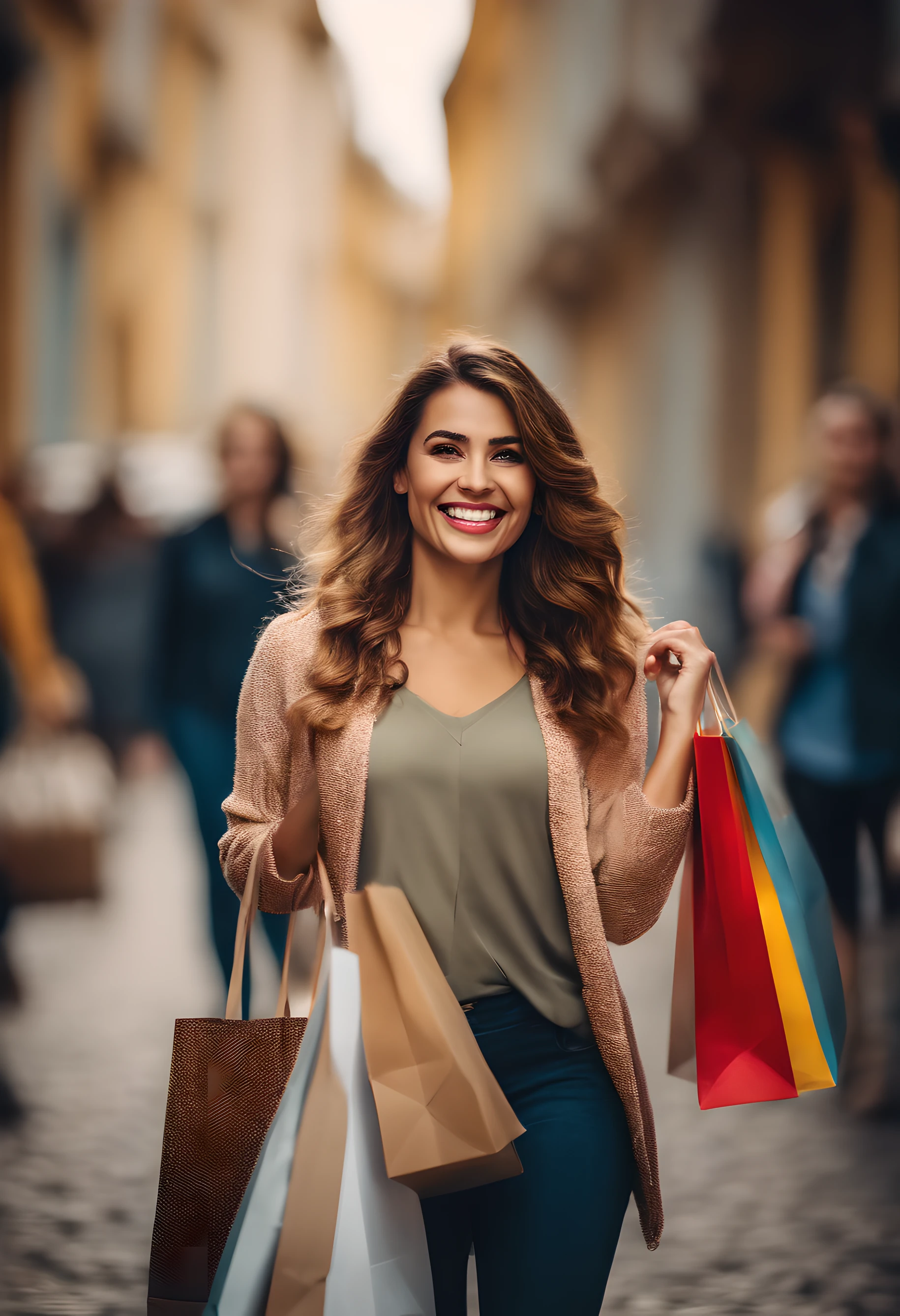 mulher sorridente, feliz com varias sacolas de compras coloridas