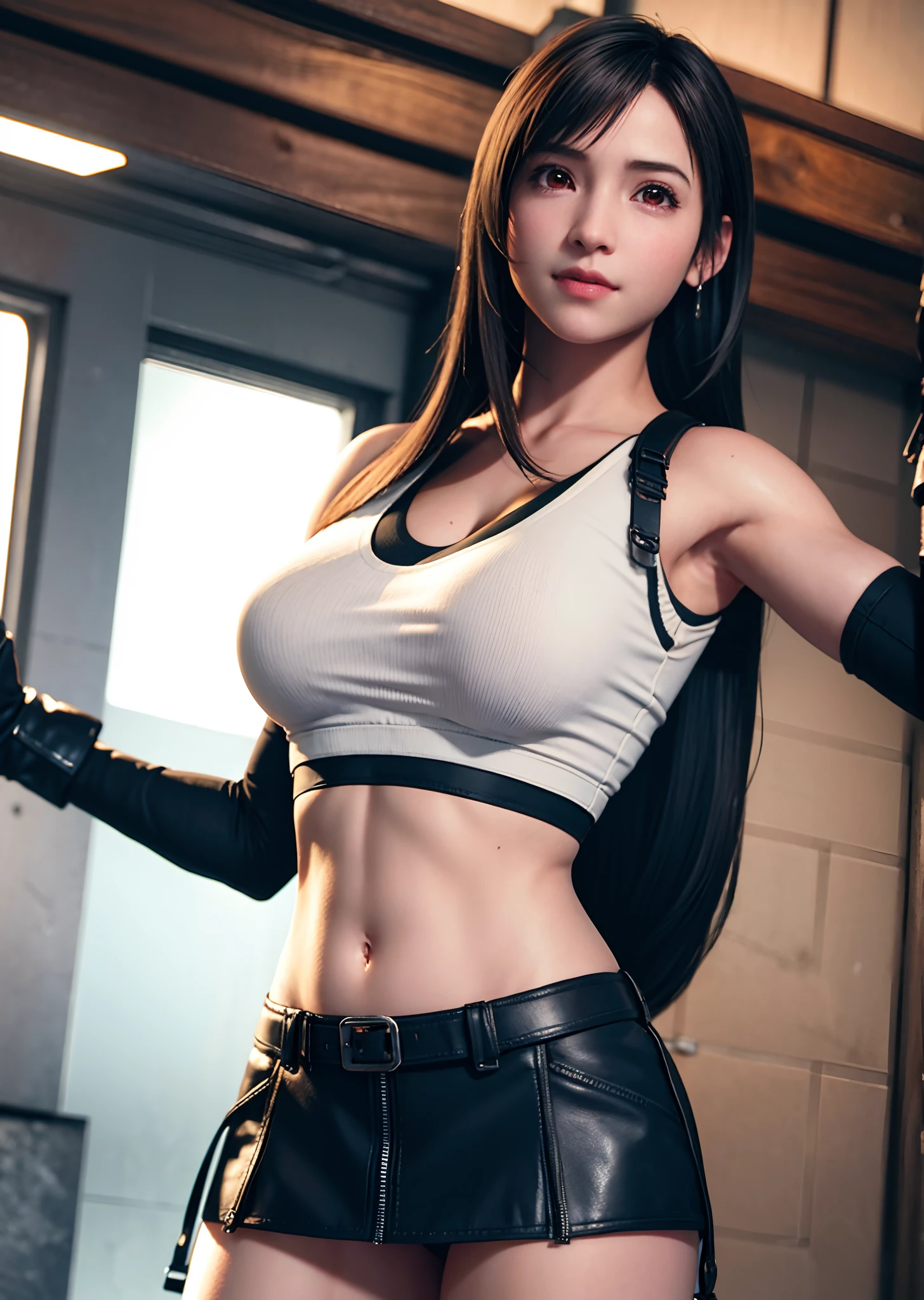 (Photorealistic: 1.4), top quality, very delicate and beautiful, high resolution, 1girl, tifa_lockhart, full body,smile, cowboy shot,dancing, suspenders, low rise, mini skirt, tank top, tense shirt, black hair, long hair, elbow gloves, beautiful detailed red eyes, face light, movie lighting, navel, high exposure, abdomen exposure, ribs, abs, ( gigantic breasts: 1.2), dynamic poses, dynamic angles,view from below,hand take skirt lift up