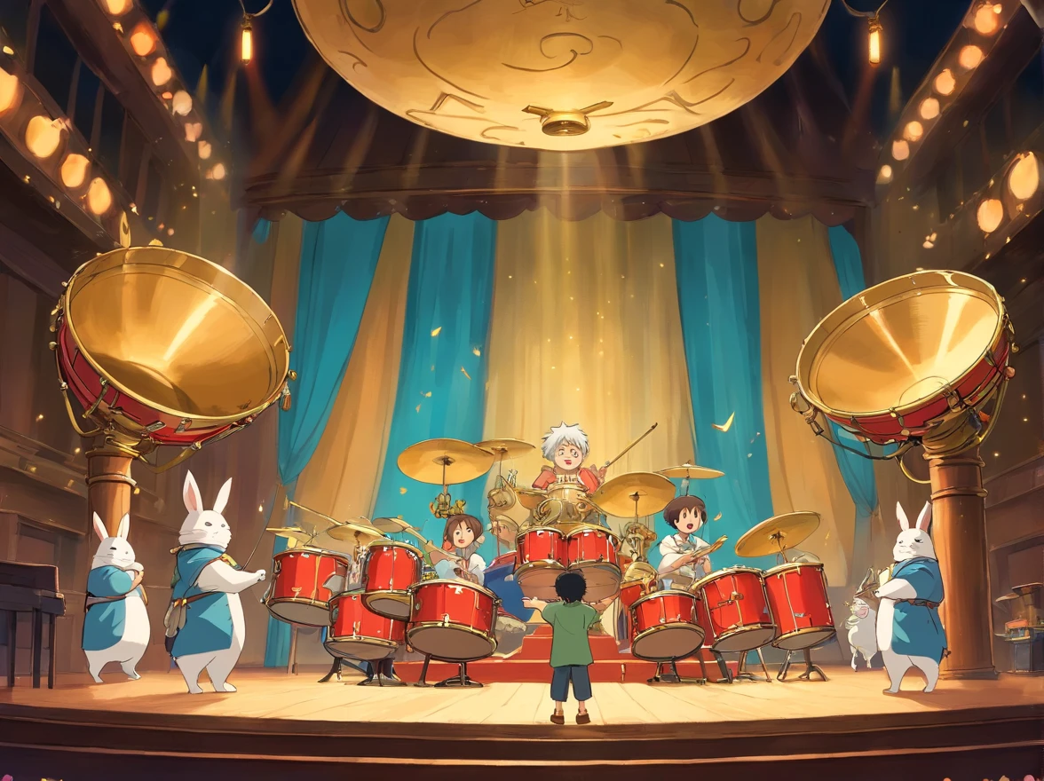 Music starts，Everyone banged the brass drum in unison，The brass drums on the stage emit a thick and powerful sound。The little boy and his friends played the brass drum happily，The stage is brightly lit。