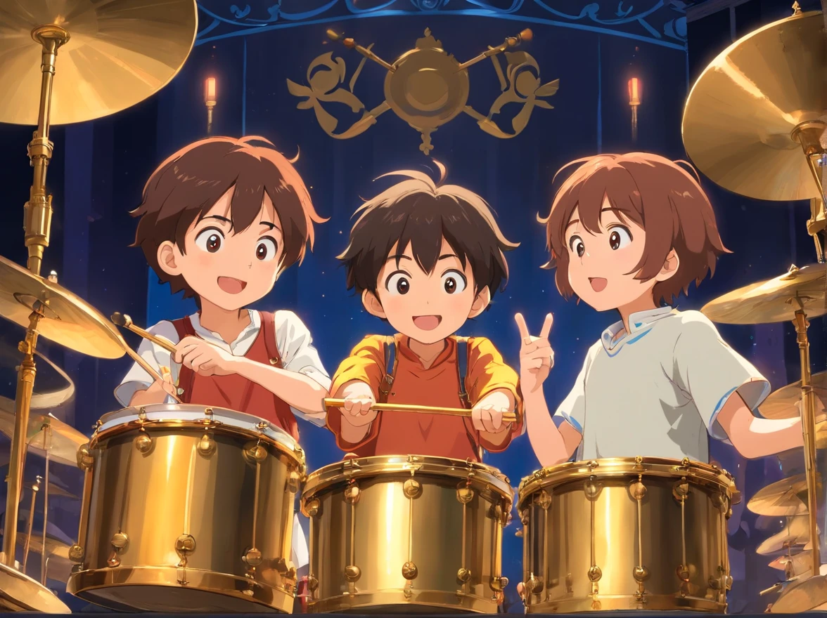 Music starts,Everyone banged the brass drum in unison,The brass drums on the stage emit a thick and powerful sound。The little boy and his friends played the brass drum happily,The stage is brightly lit。