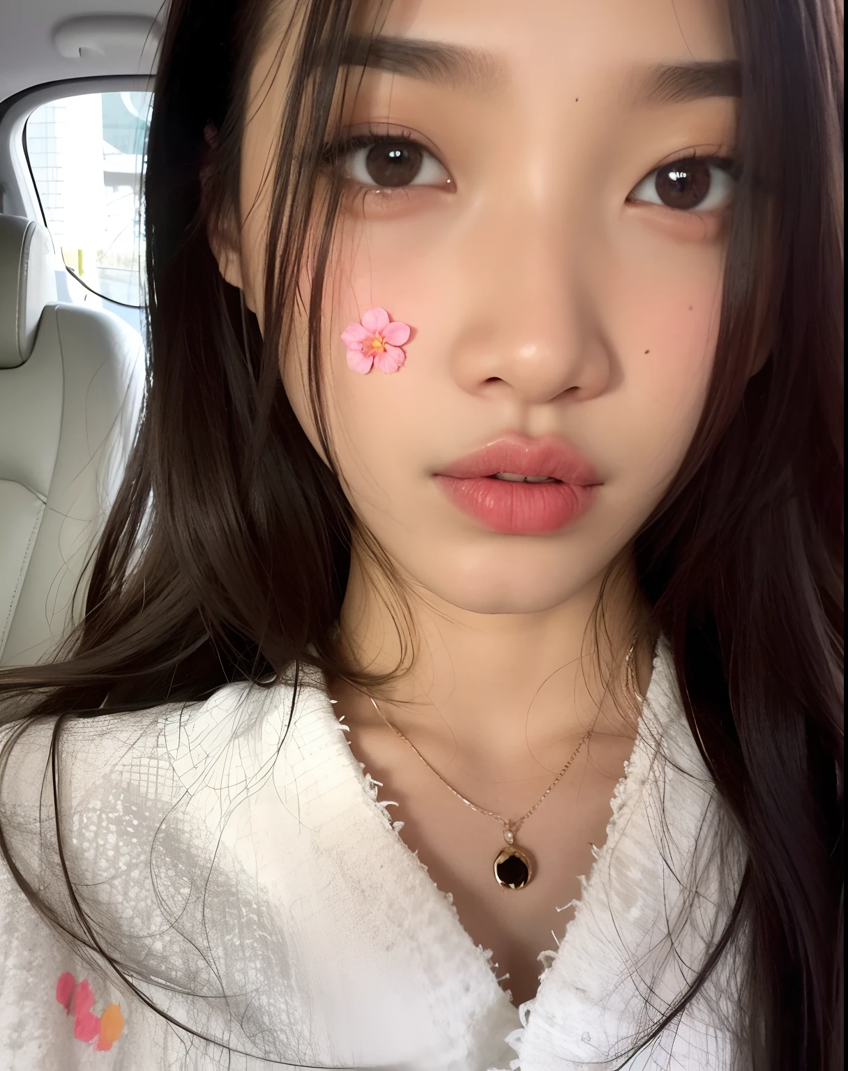 mulher arafed com uma flor no rosto e um assento de carro, com flores, her face looks like an orchid, young cute wan asian face, with very thin lips, Jinyoung Canela, Bae Suzy, small lips pointy nose, jennie blackpink, wan adorable korean face, very small lips, jossi do blackpink, small lips, south east asian with round face