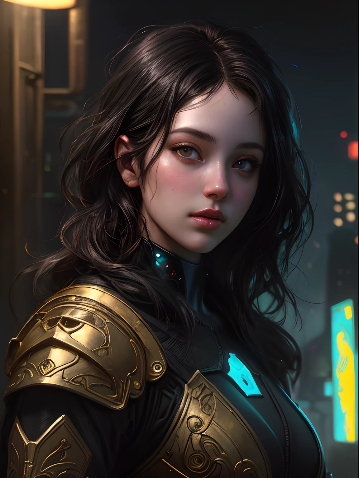Stunning photorealistic portrait oil painting of 1 beautiful cyberpunk girl, white skin, black shapeless cyberpunk hair, baroque intricate cyber armor, solo, hyperdetailed painting, luminism, Bar lighting, complex, white eyebrows, 4k resolution concept art portrait by Greg Rutkowski, Artgerm, WLOP, Alphonse Mucha, realistic fantasy, fractal isometrics details bioluminescence, beautiful awesome, intricately detailed, cinematic, trending on artstation | Isometric | Centered hypereallistic cover photo awesome full color, dark, gritty, realistic, Alphonse Mucha, Gustav Klimt