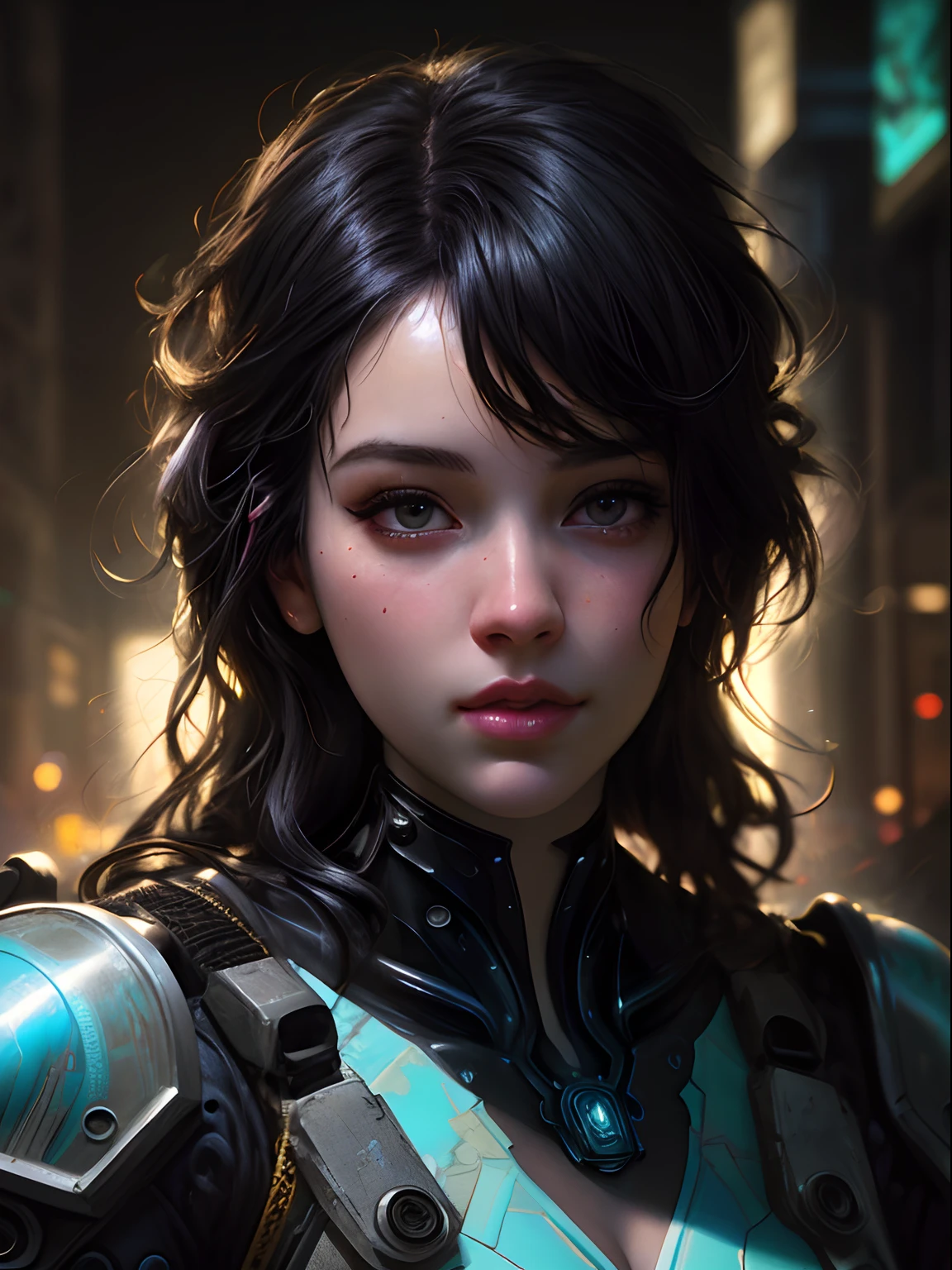 Stunning photorealistic portrait oil painting of 1 beautiful cyberpunk girl, white skin, black shapeless cyberpunk hair, baroque intricate cyber armor, solo, hyperdetailed painting, luminism, Bar lighting, complex, white eyebrows, 4k resolution concept art portrait by Greg Rutkowski, Artgerm, WLOP, Alphonse Mucha, realistic fantasy, fractal isometrics details bioluminescence, beautiful awesome, intricately detailed, cinematic, trending on artstation | Isometric | Centered hypereallistic cover photo awesome full color, dark, gritty, realistic, Alphonse Mucha, Gustav Klimt