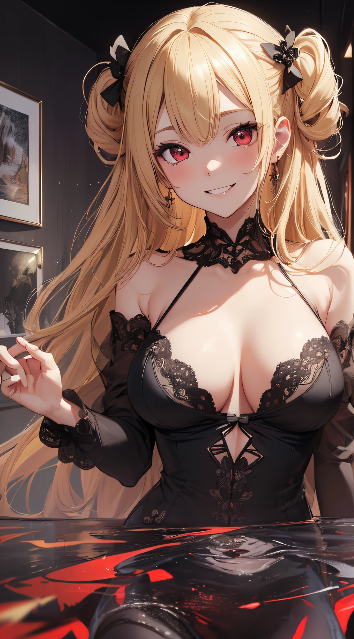 top-quality、Top image quality、​masterpiece、girl with((cute little、18year old、Best Bust、Medium bust、Bust 85,Beautiful red eyes、Breasts wide open,Blonde long hair、A slender、Middle knot、Black bathrobe、a smile)）hiquality、Beautiful Art、Background with((Black Room,Large room、)),masutepiece、Elaborate design、visualart、depth of fields、The best lighting、highestdetailed、8ｋ,Super delicate,