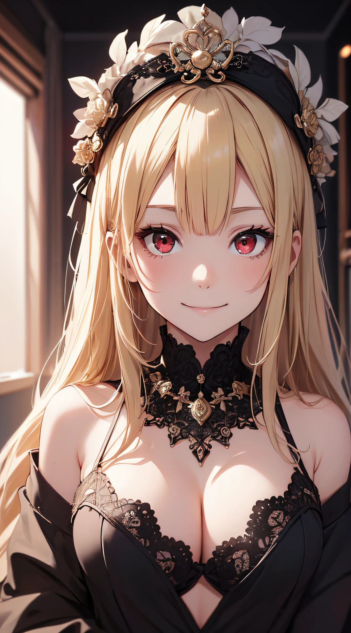 top-quality、Top image quality、masterpiece、girl with((cute little、18year old、Best Bust、Medium bust、Bust 85,Beautiful red eyes、Breasts wide open,Blonde long hair、A slender、Middle knot、Black bathrobe、a smile))hiquality、Beautiful Art、Background with((Black Room,Large room、)),masutepiece、Elaborate design、visualart、depth of fields、The best lighting、highestdetailed、8k,Super delicate,