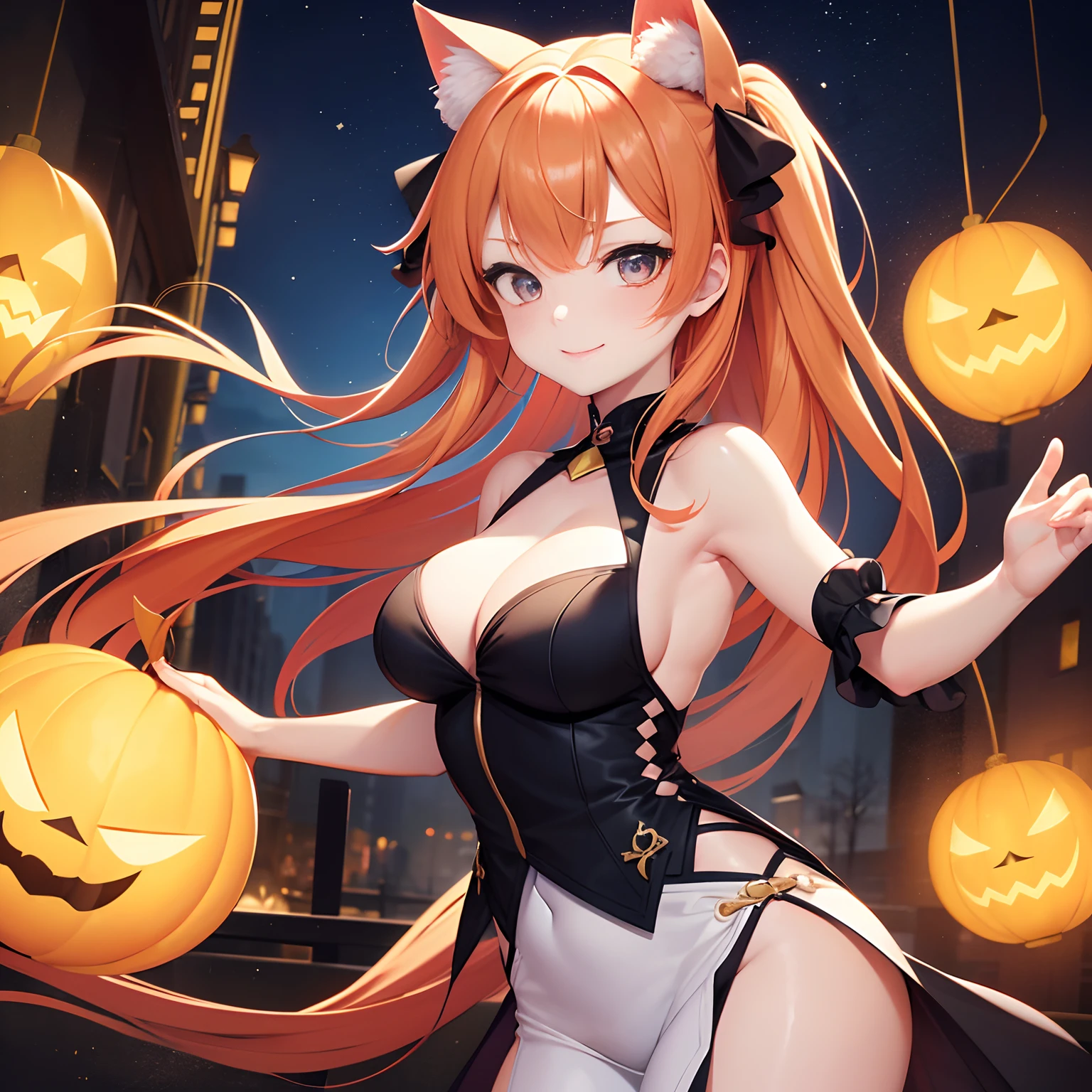 Female characters：Lillian

appearance：
Lillian is a young woman with orange hair that looks like a glowing jack lantern inside.。Her eyes are dark green.、the face is small and rounded,。Her lips are pink and、Always have a smile on your face。

expressioness：
Lillian is curious and、Her eyes are always shining in search of new things and adventures。however、Behind that smile there is also a mysterious side that seems to hide a secret.。

posture：
She is as lithe as a cat and、Always move lightly。When she walks、It looks like you're dancing。The move is Willow（Will o' the wisp）Reminiscent of the erratic movements of。