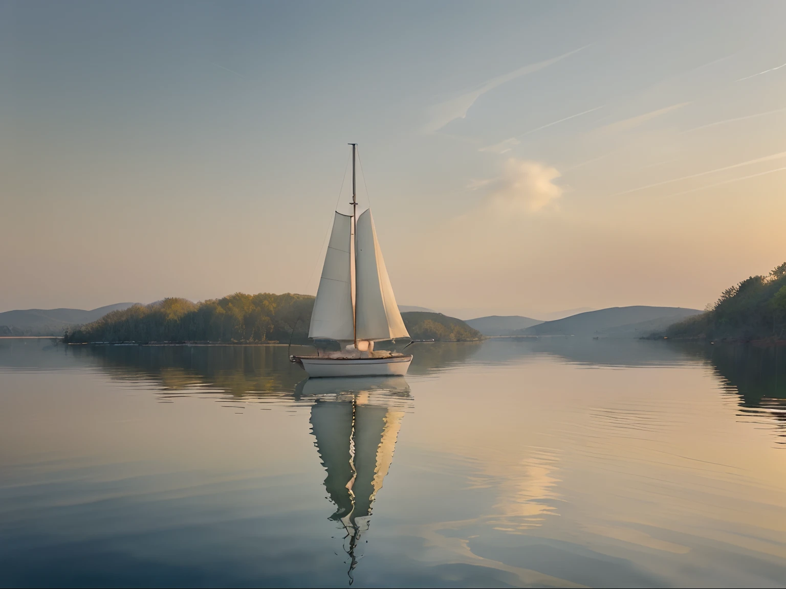 A breathtaking watercolor painting captures the essence of a tranquil lake scene. The main subject, a solitary sailboat, gracefully glides across the glassy surface, reflecting the soft hues of a golden sunset. The artist's masterful brushstrokes create a dreamlike quality, as wisps of cotton candy clouds dance in the pastel sky. The vibrant colors, expertly blended together, evoke a sense of serenity and warmth. This exquisite work of art invites viewers to immerse themselves in the ethereal beauty of nature's peaceful retreat.