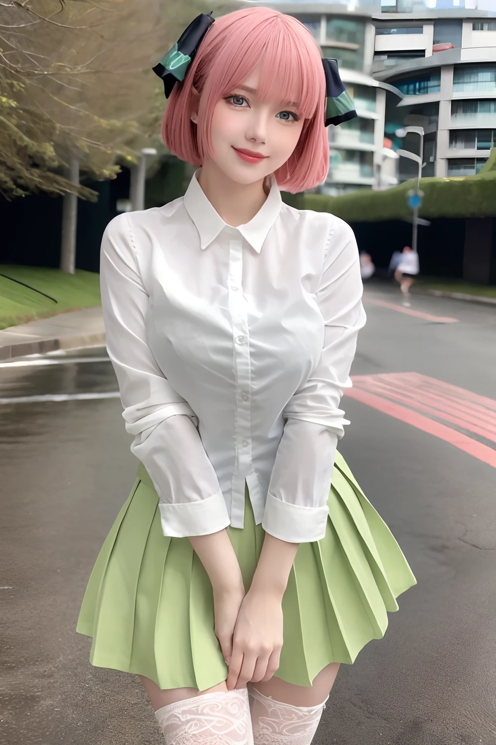 (8k, best quality, masterpiece:1.2), (realistic, photo-realistic:1.37), ultra-detailed, (1girl:1.6),cute,beautiful detailed sky,(outdoors:1.4), standing,dating,(nose blush),(smile:1.15),(closed mouth:1.2), breasts,beautiful detailed eyes,(full body:1.1), wet,rain,white lace, (short hair:1.2),floating hair NovaFrogStyle, facing viewer, looking at viewer, pleated_skirt, shirt,green_skirt,pink cheeks,detailed,naughty model