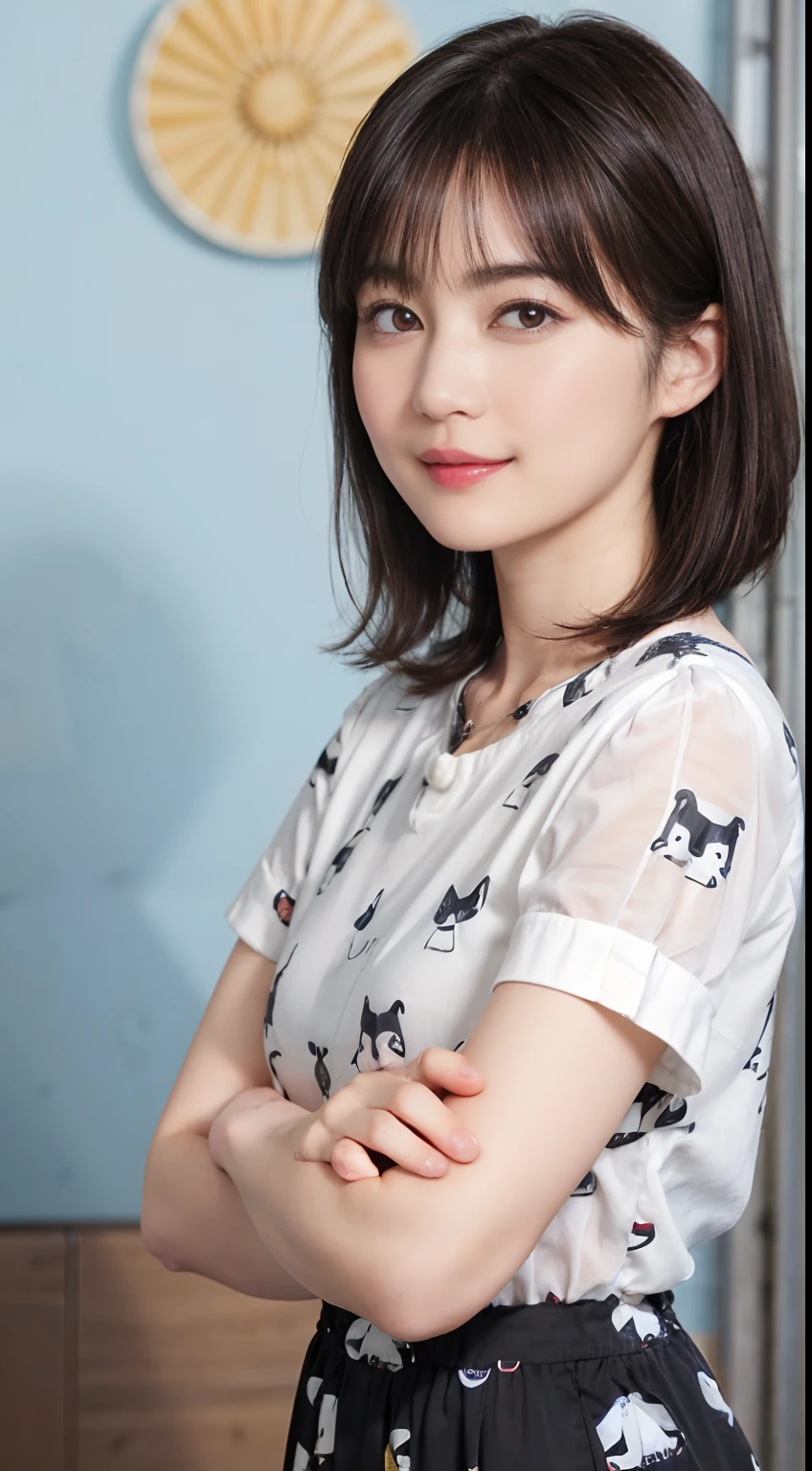 59
(a 20 yo woman,is standing), (A hyper-realistic), (Masterpiece), ((A dark-haired、short-hair:1.3)), (breast), kindly smile, (Clothing printed with animal characters)