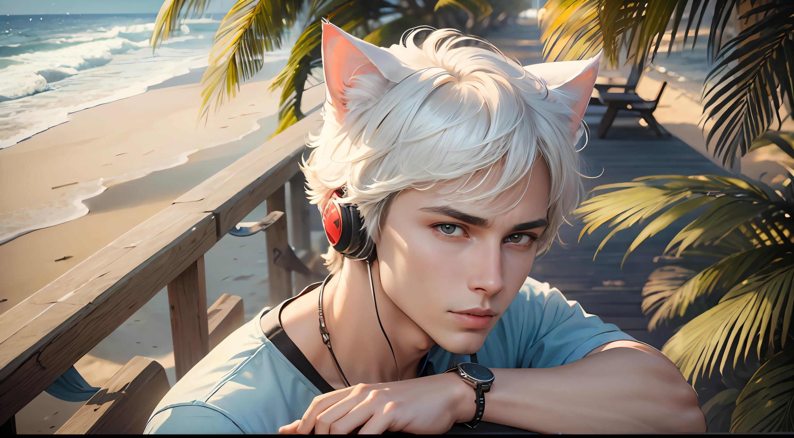 early evening,beachside,A young handsome man,There is a pair of white cat ears,Answer the phone,The earpiece is some distance from the ear