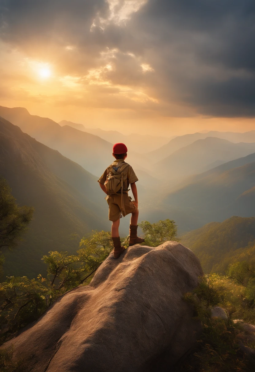a scout boy is climbing the mountain