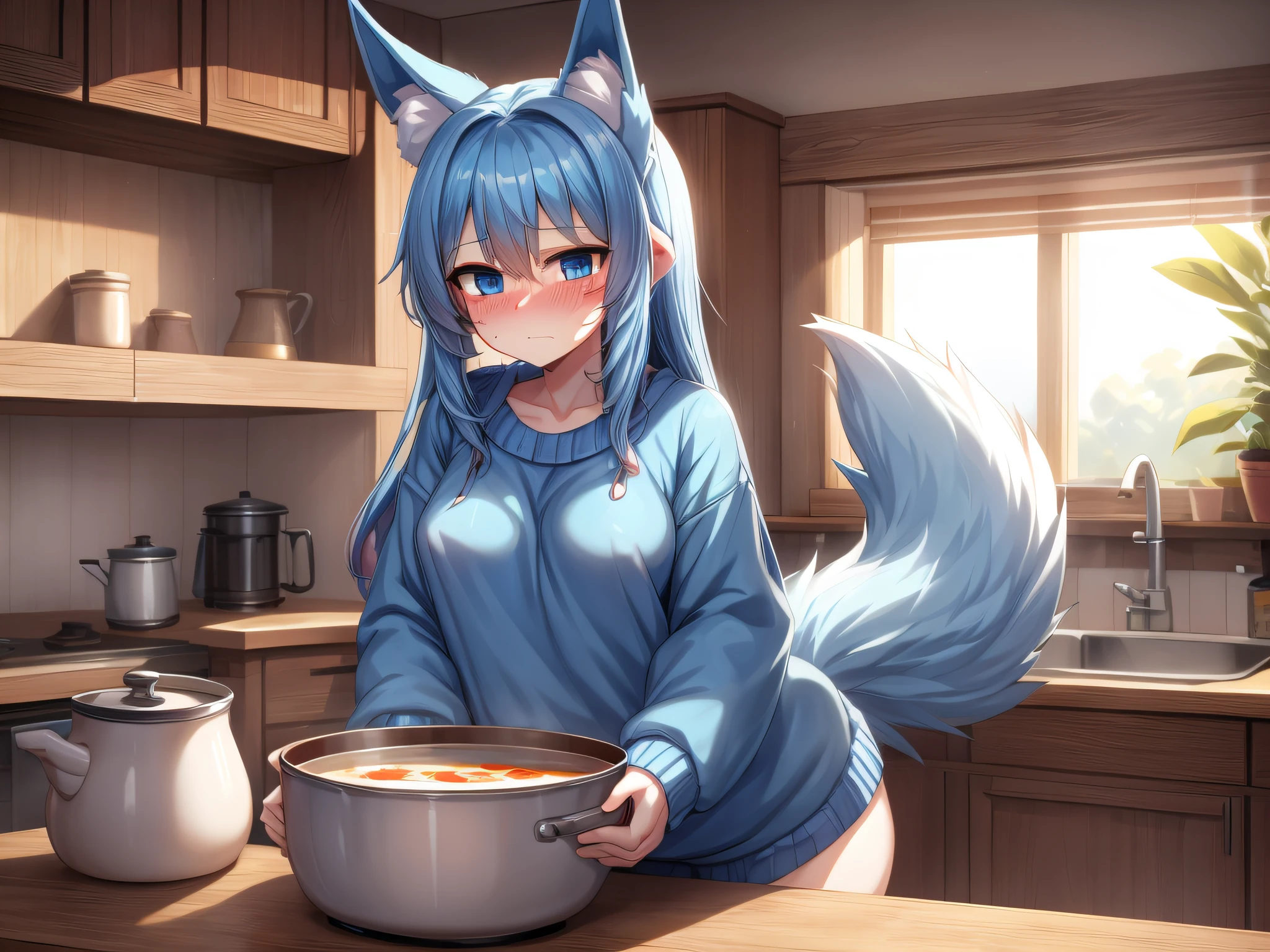 (Masterpiece) (High Detail) (High Res) A short humanoid girl with pale human skin and blue eyes and long blue hair and blue dog ears and a big fluffy dog tail and small breasts is in the kitchen making a large pot of warm soup. She is wearing an oversized sweater and has blushed cheeks and a bit of a frown on her face.