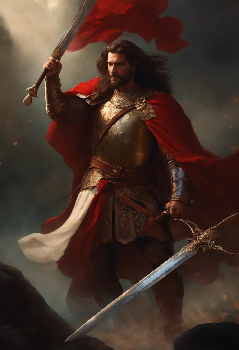Homen forte, alto de cabelos vermelhos carmesin, guerreiro grego, com espada gigante