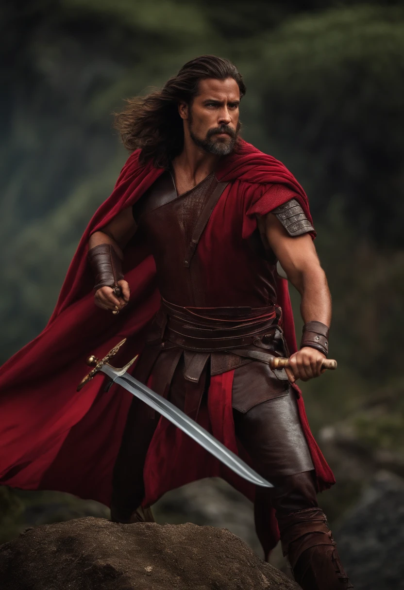 The epic final battle, Harry Potter wearing stunning very dark maroon dueling robes torn around his shins and wrists due to fighting, small and big cuts on his arms, and torso, him panting while he holds the sword of Gryffindor in front of him in his left hand and his wand at his side in his right hand, pointed outwards while standing in front with his people/troupes behind him as he looks at his enemies with cold eyes and a drak glare, streaked with blood and grime.