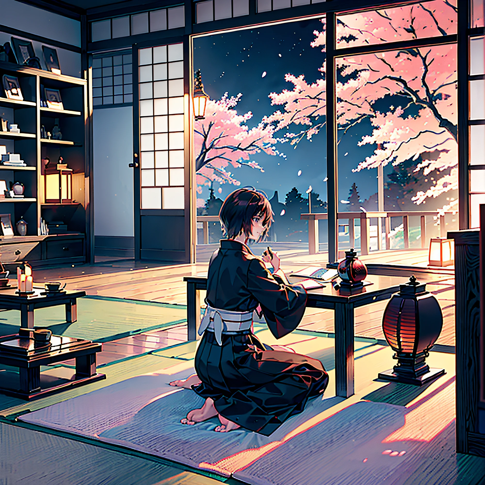 #quality (intricate-detail、hight resolution,8K,ultra-detailliert:1.2,cinematic shot,Shinkai Makoto style), #nigh sky (Darkness of the night,No light,cherryblossom), #One novelist (20 years old male、Honor Students、A dark-haired、short-hair、Hakama,Sit flat,Writing a novel), #Black room at night (No light,Wooden Low Table,1 candle,Beautiful tatami mats,a lots of books,bookshelf)