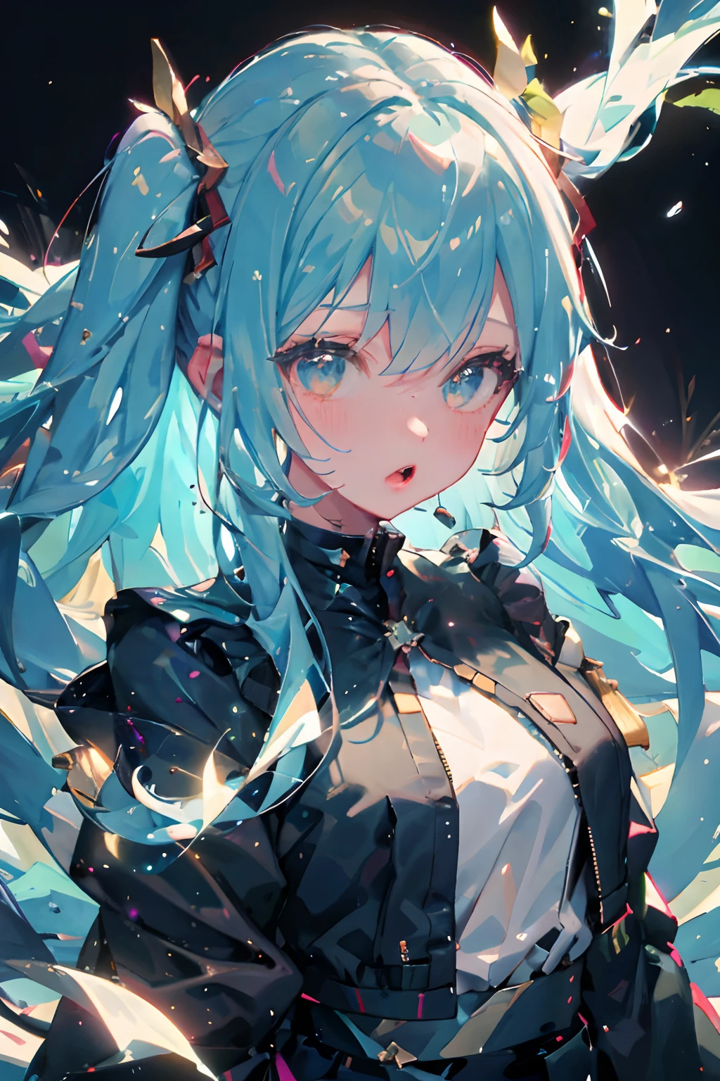 Official art, Unity 8k Wallpapers, ultra-detailliert, Beautifully Aesthetic, masterpiece, top-quality, realisitic, a closeup, Skindentation, interface, A detailed eye, A detailed face, detailed hairs, black backgrounds, straight-on, looking at the viewers, The sheen, Anime, looking at viewer with a cigarette in her mouth, highly detailed with reflections transparent iridescent opaque jacket, Long transparent iridescent RGB hair, 1girl in, Solo, fronds, Long hair, Blurry, Shirt, Parted lips, Outdoors, Floating hair, Long sleeves, White shirt, Bangs, Upper body, Open mouth, tusk, Brown eyes, Wind, Winters,Yuki,snowscape,Blurry background, day, depth of fields, bug,Funeral Freelen,Freelen,White hair,Twin-tailed,