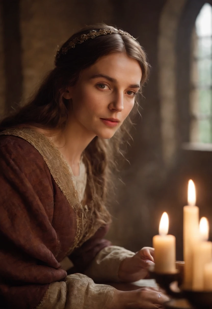 cinematic portrayal, ((parte superior do corpo)), facing the audience, (realidade :1.3), A foto de arte mais bonita do mundo, a woman looking into the camera, Vestido de corte medieval europeu, gorgeous, gaze macia, rosto bonito detalhado, Action Shooting, (intrincado :1.4), fundo medieval da corte, foto realista, CG, Art Station